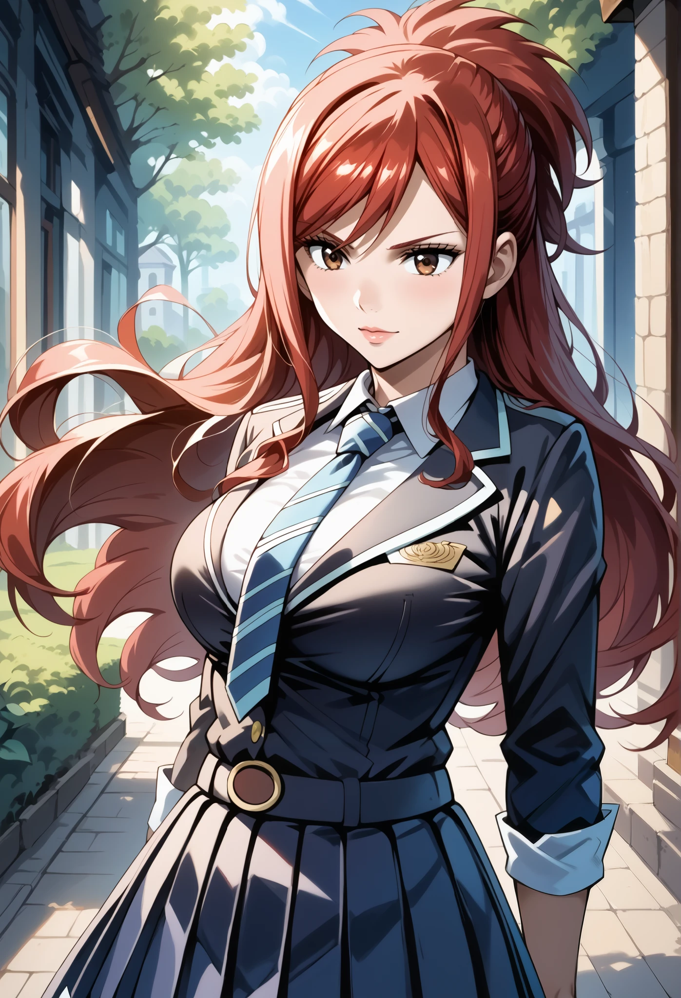 score_9, score_8_up, score_7_up, source_anime, 4K,perfect fingers,(perfect hands, perfect anatomy),prefect lighting, very aesthetic, intricate details,highly detailed background, masterpiece, high quality, best quality,
1 girl,solo,erza knightwalker, red hair, brown eyes, long hair, straight hair,mature female,large breast,,
wearing ((necktie,school uniform, skirt, )),,
high resolution, detailed background, Outdoors, sunlight,,