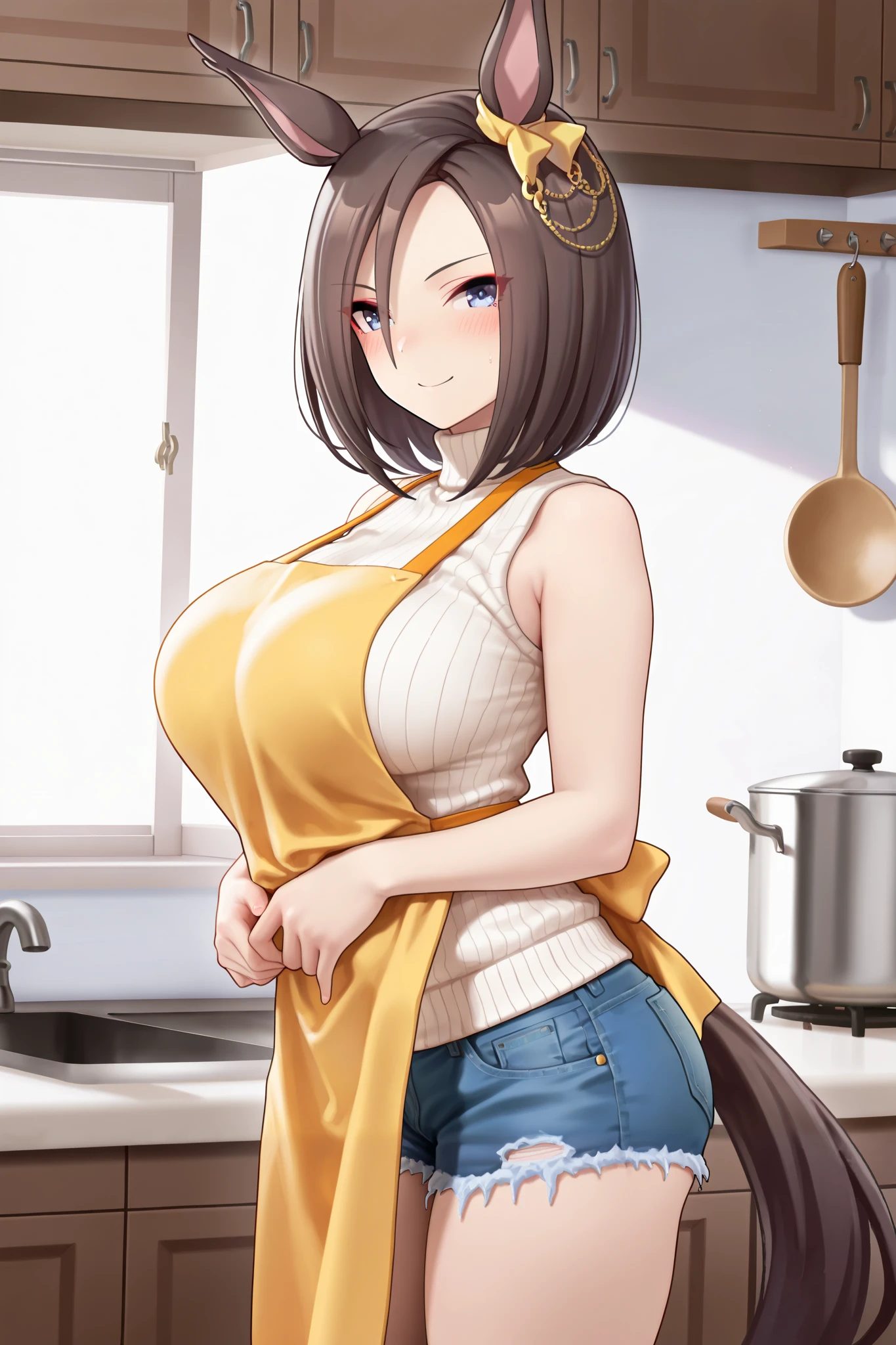 NSFW,masterpiece,Highest quality,high resolution,very detailed,Air Groove (umamusume),turtleneck sweater, sleeveless,denim shorts,apron,Kitchen, Smile
