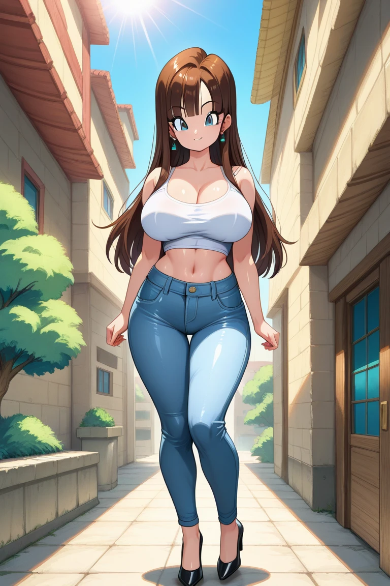 high detailed, masterpiece, image of 1girl cartoon character, (half body), (curvy:0.9), posing sexy, long brown hair, blue eyes, blush, smile, perfect hands, large breasts, wide hips, white top, cleavage, denim short shorts, wide hips, street