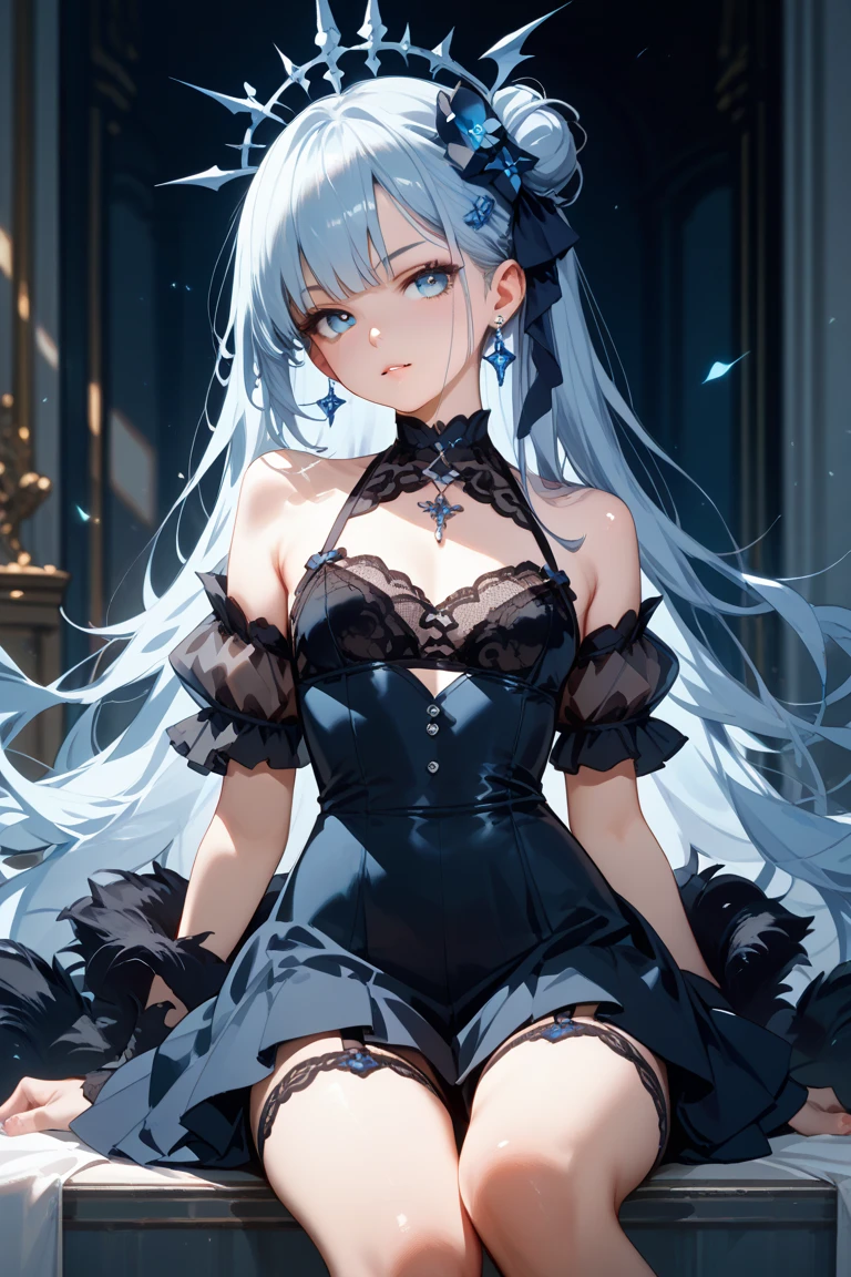 a woman in black corset and goth hair, with piercings, 1girl, solo, black hair, long hair, ring, silver hair, Gothic Lolita, ((blue lips)), blue eyes, blue rose