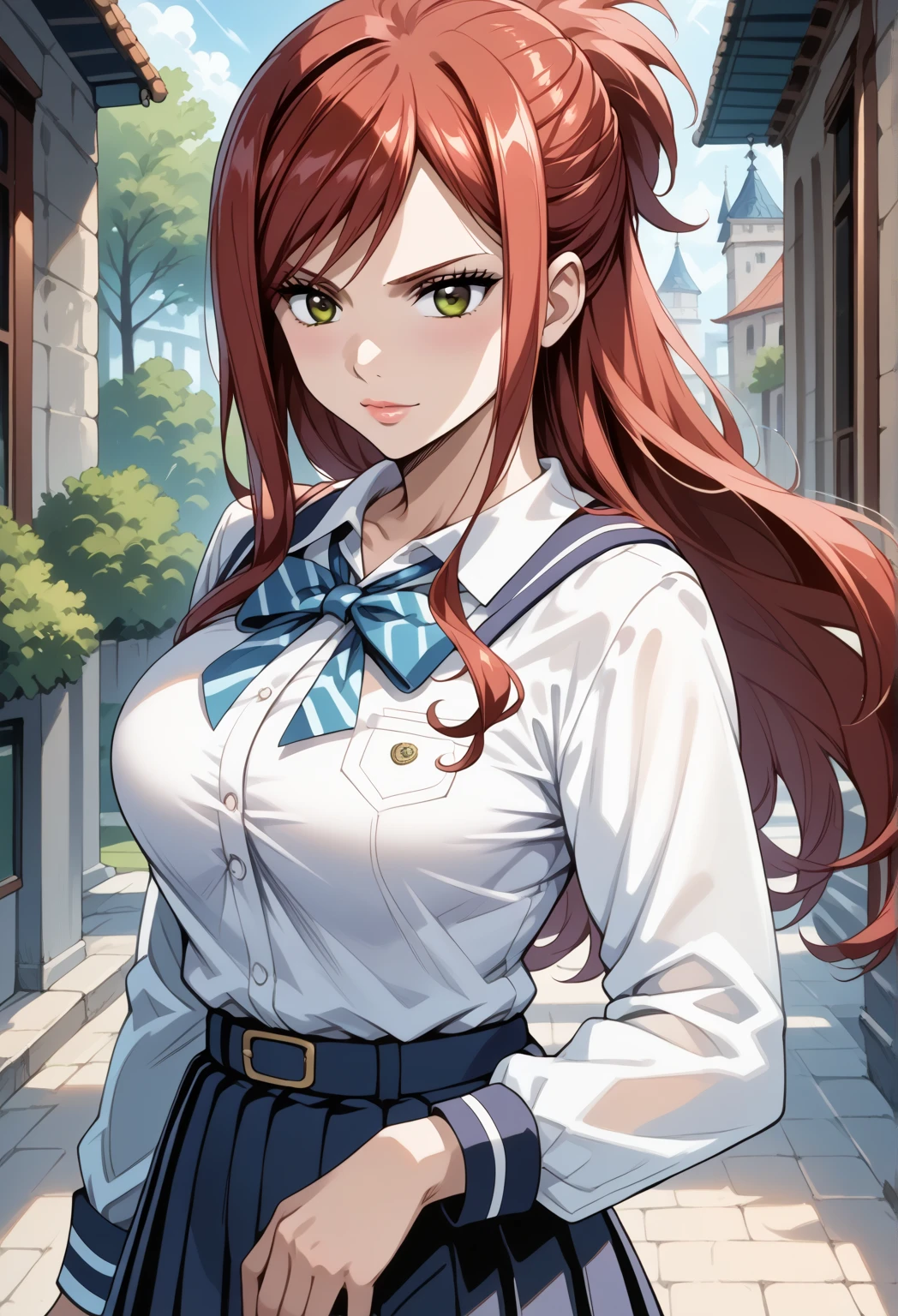 (hilda), stern, (milf), 1girl, ((40 yr old)), (gigantic breasts), Black Crown, jewelry, hoop earrings, red hair, swept bangs, blue eyes, <lora:Hilda_Greyrat_Mushoku-KK77-V1:0.5>, (masterpiece:1.2, best quality:1.2, beautiful, high quality, highres:1.1, aesthetic), detailed, extremely detailed, ambient soft lighting, 4K, perfect lighting, perfect face, detailed face, perfect eyes, fullbody shot, (student uniform:1.2, serafuku, choker),