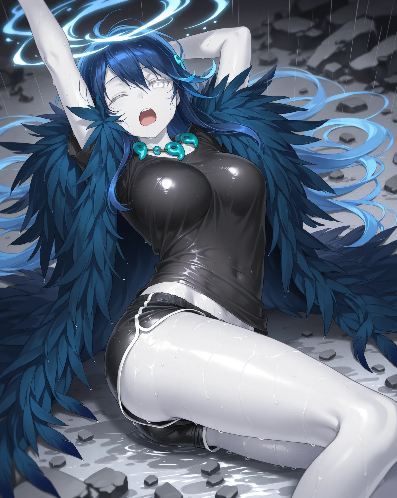 Mito of Sword Art Online, ((Best Quality)), (masutepiece), 1 girl, Solo, pale red eyes, Purple hair, Long ponytail, on white bed, ((((Supine)))),, (Crotch) Open), state) ), Sweaty face, embarrassed, Blushing, hands behind head, In, (Full to Base), It's a girl,