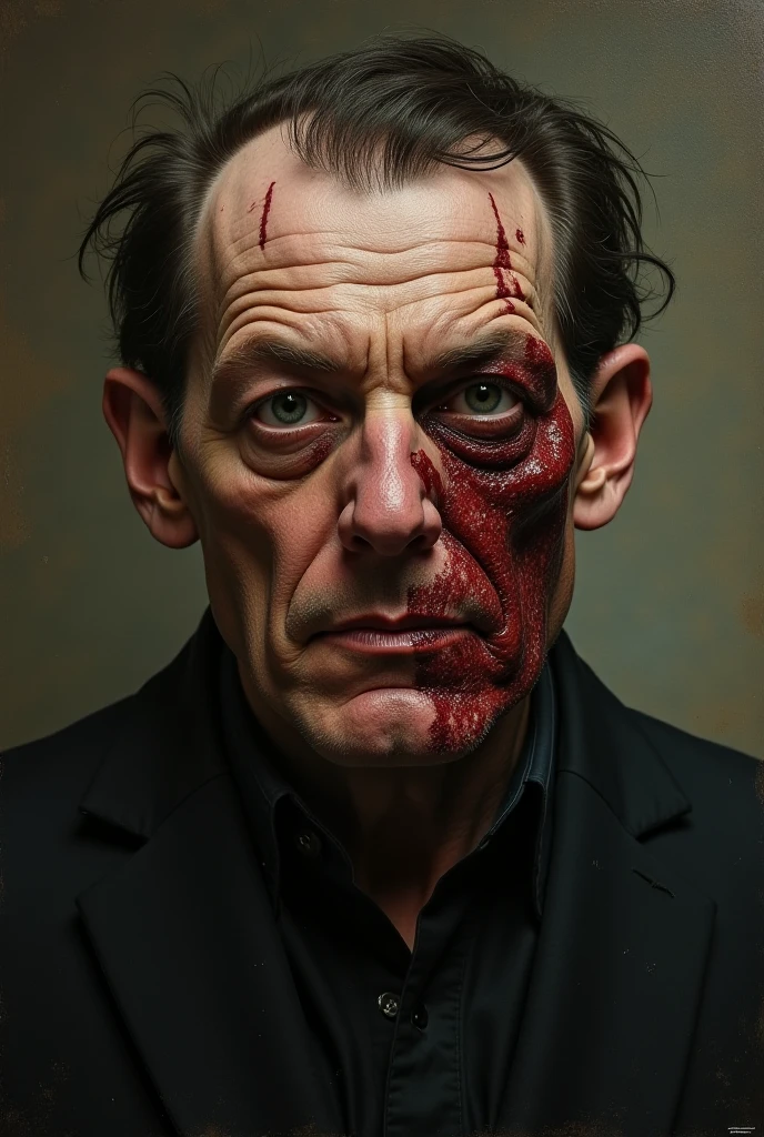 zombified steve buscemi, Noir, horror, finely detailed photorealistic zombified man, grayscale, haunting, hyper-maximalist matte oil on canvas, by peter mohrbacher, Anato Finnstark, John Stephens, Harry Clarke, Ernst Haeckel RHADS, Greg Rutkowski, John Avon, background Hyperdetailed shadow depth