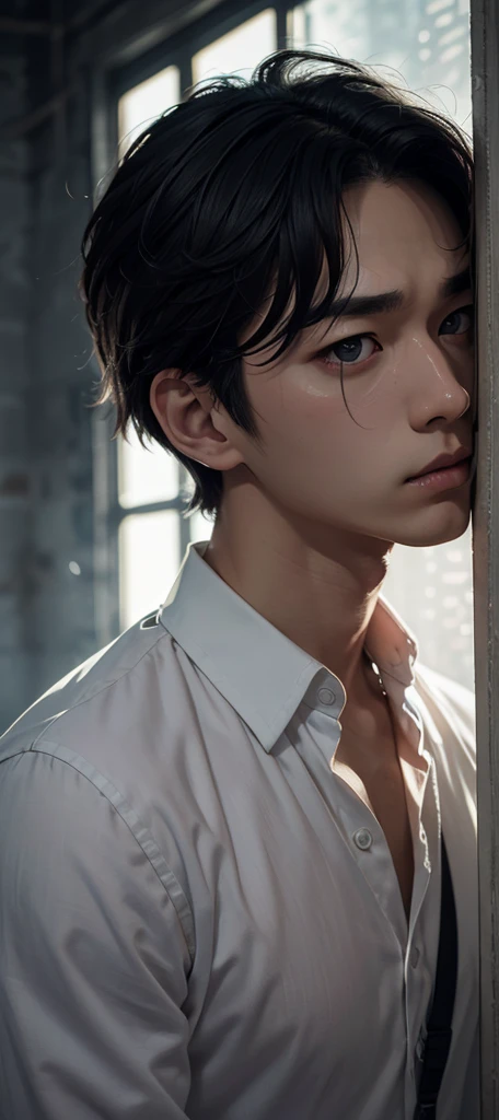 best quality, masterpiece, ultra resolution, (fidelity:1.4), photo, 1 boy, [(sad)], white shirt, dim, darkness, despair, pity, pity, pitiful, movie, tears, teardrops, (torn clothes: 1.5), (wet clothes: 1.4), bare shoulders, real rain, wet hair,..