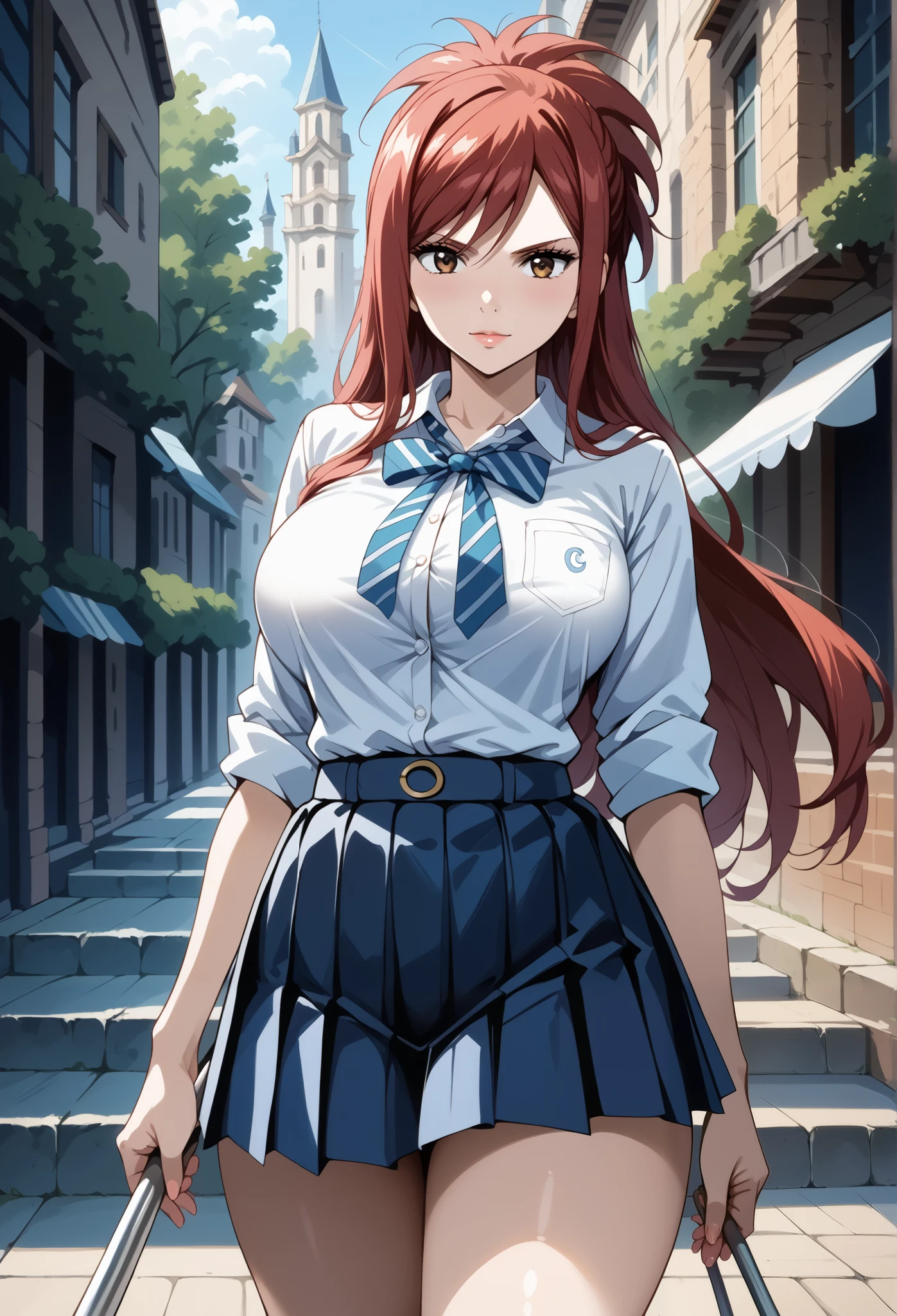 score_9, score_8_up, score_7_up, source_anime, 4K,perfect fingers,(perfect hands, perfect anatomy),prefect lighting, very aesthetic, intricate details,highly detailed background, masterpiece, high quality, best quality, high resolution,
1 girl,solo,erza knightwalker, red hair, brown eyes, long hair, straight hair,mature female,large breast,,
wearing ((school uniform, Big Breasts(1.5), Shirt open, nsfw(1.2), )),,
detailed background, Outdoors, sunlight,,