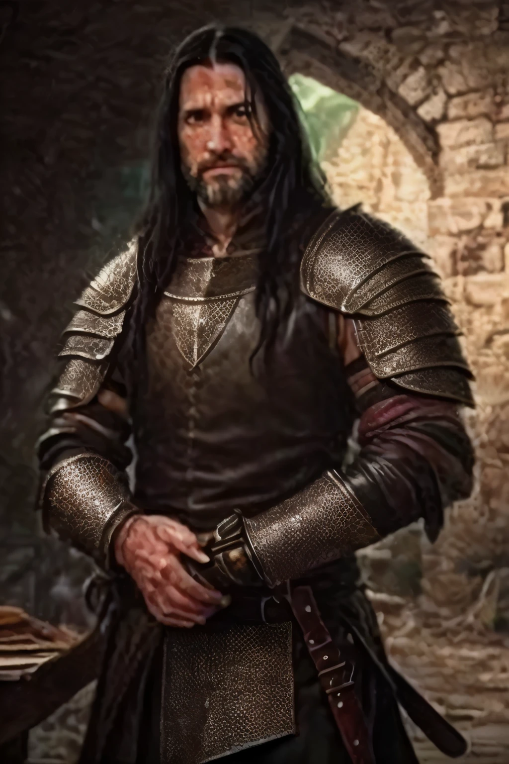 ((RAW photo), absurd, (absurd resolution)), masterpiece, best quality, (Extremely detailed 8k unit CG wallpaper), (best illustration), (best shade), realistic lighting, detailed and beautiful glitter, ((41 years old)), man, long black hair, rogue, medieval forgery accessories, book in hand, knives in the scabbard on your leather armor, (((His photographic perspective)))