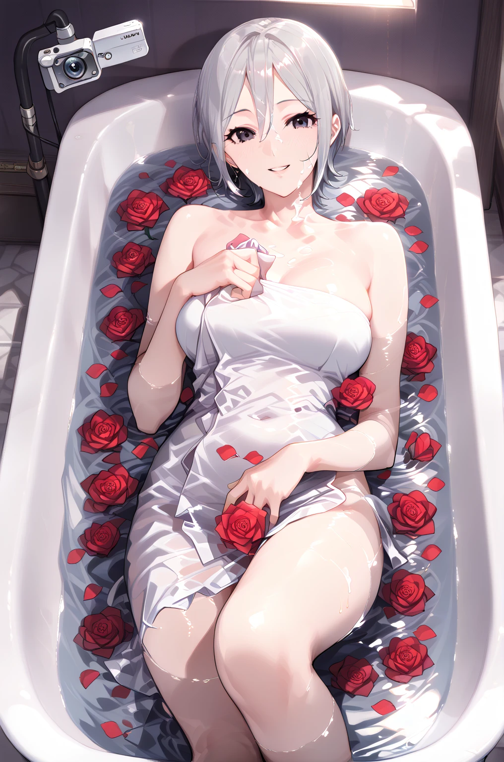 Create the aerial image of a woman dressed in white completely immersed in a large white bathtub and completely covered in millions of red rose petals. en tonos azules, violetas y verdes.
