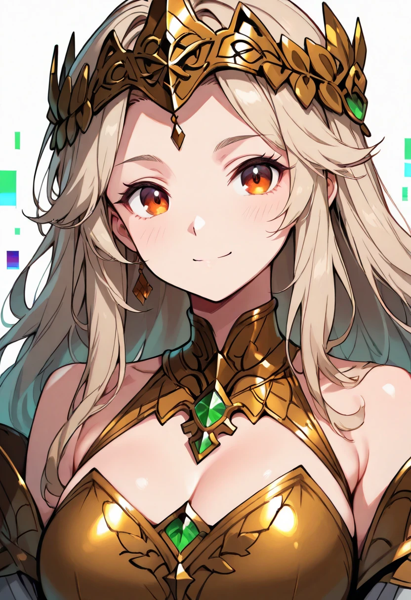 masterpiece、highest quality、very detailed、High resolution、１６ｋ、Thin contours、I can see the nipples、chest proportions、elfの女の子、golden armor shines、Sheer white skirt、black pants、very white skin、beautiful fingers、Anime girl very big breasts naked pose、perfect style、elf、No bra、blonde blue eyes、cool smile