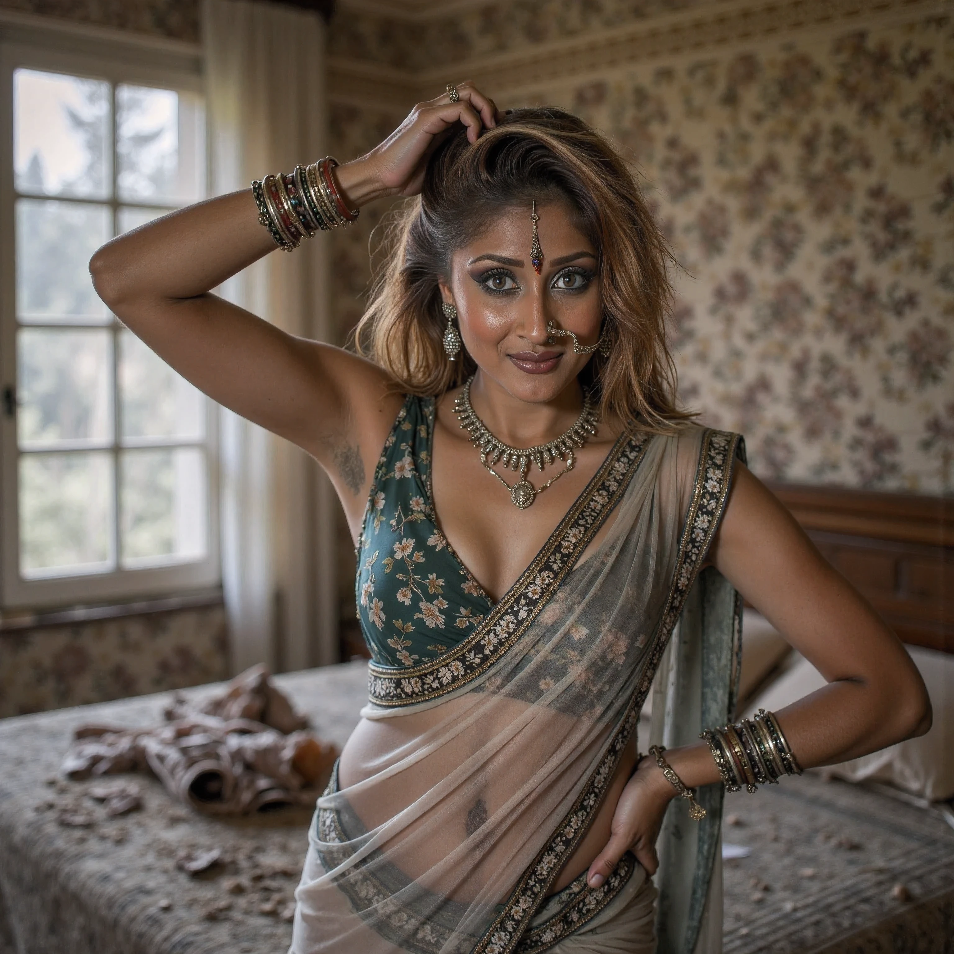 Very good quality portrait to show the beauty of an woman in an urban decay environment, photo of a homeless indian woman, 35 years old, slim body, hourglass body figure, large breasts, a clearly visible deep cleavage, dark brown hairs, straight hairs with blonde highlights, open and messy hairs, looking at the viewer, smiling, expression of pain and orgasm on face, hands on her head exposing armpits. She is wearing old and torn sleeveless blouse and net saree. She is poor but looks beautiful. She is wearing earrings, necklace, bangles and long nose ring. Her blouse has lots of dirt and worn out stains, her saree is unwashed, dirty and has coffee and other dirt stains. She is standing in an old indoor setting depicting an royal bedroom of an abondoned indian mansion. Show some old and dirty clothes and used bandages on the bed. The bedsheet and the clothes should have lots of spill marks of coffee, rust and mud. The woman must wear dirty and stained indian blouse and ultra thin stained saree:1.5, urban explorer photography, sharpness, unique 850 4, koda850 k portrait camera, f6.0 lens, rich color, hyper realistic texture, spectacular light texture, surreal art, haunted and gloomy atmosphere