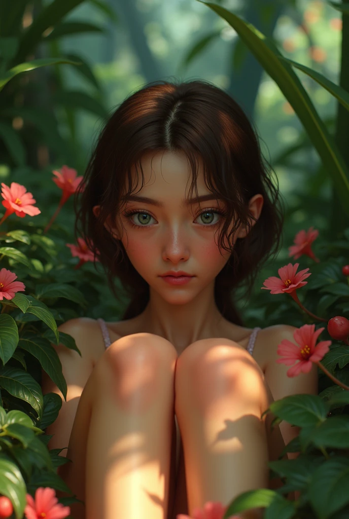(masterpiece, best quality:1.4), Young blonde beauty, (((18 years old, neat girl))), detailed blue eyes, long eyelashes, blush, kind smile, horny, upper body, topless, small ass, wet pussy, (looking at viewer), beautiful blonde hair, white-skinned, (bangs:1.3), ponytail, kissing, (medium size breasts), (mushroom forest, colorful celestial forest, beautiful and magnificent pink sunshine, majestic sky), natural light, pastel colors