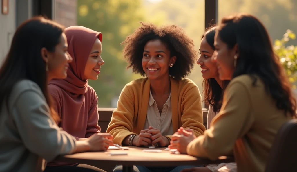 Black headscarf, barefoot, Woman in jeans chats with friends face down on picnic.