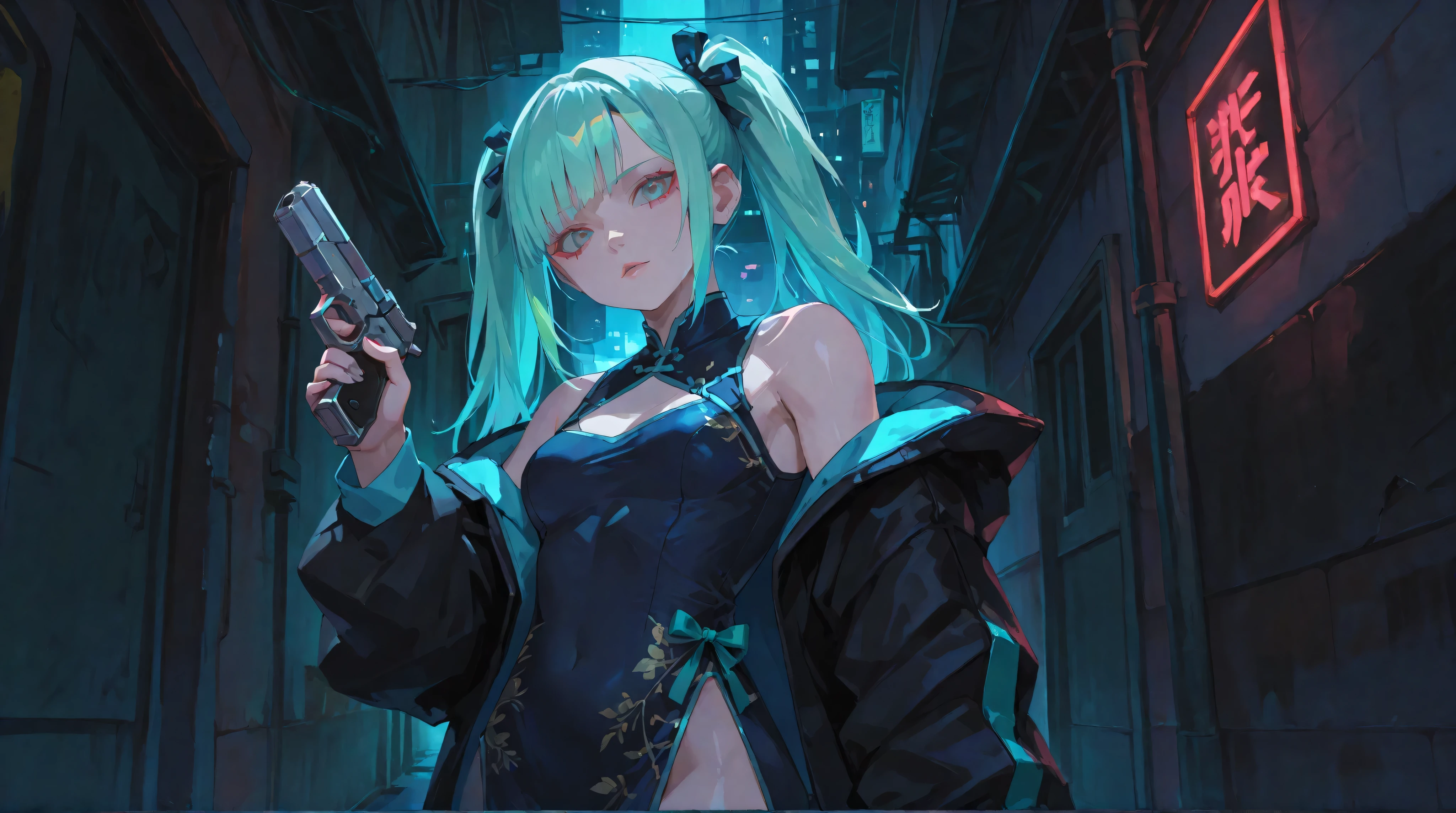 ((big、bullets envelop her. ))、girl with jet black twin tails tied with ribbons, wearing a teal colored china dress with silver decorations, Grab a pistol, Her opponent's bullets surround her with slow movements, Floating in a neon-lit cyberpunk back alley. (Cyberpunk Shootout:1.3)