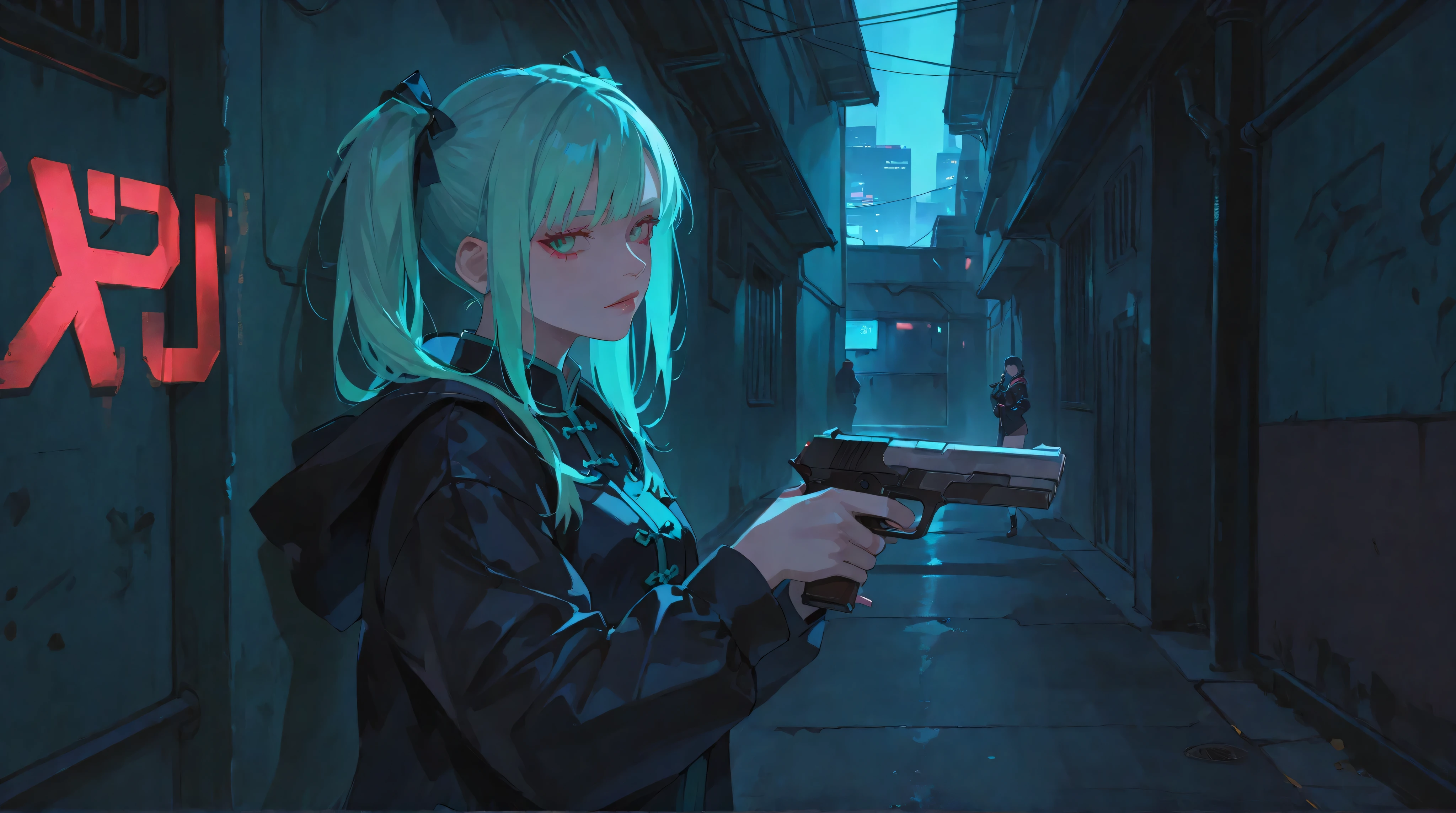 ((big、bullets envelop her. ))、girl with jet black twin tails tied with ribbons, wearing a teal colored china dress with silver decorations, Grab a pistol, Her opponent's bullets surround her with slow movements, Floating in a neon-lit cyberpunk back alley. (Cyberpunk Shootout:1.3)