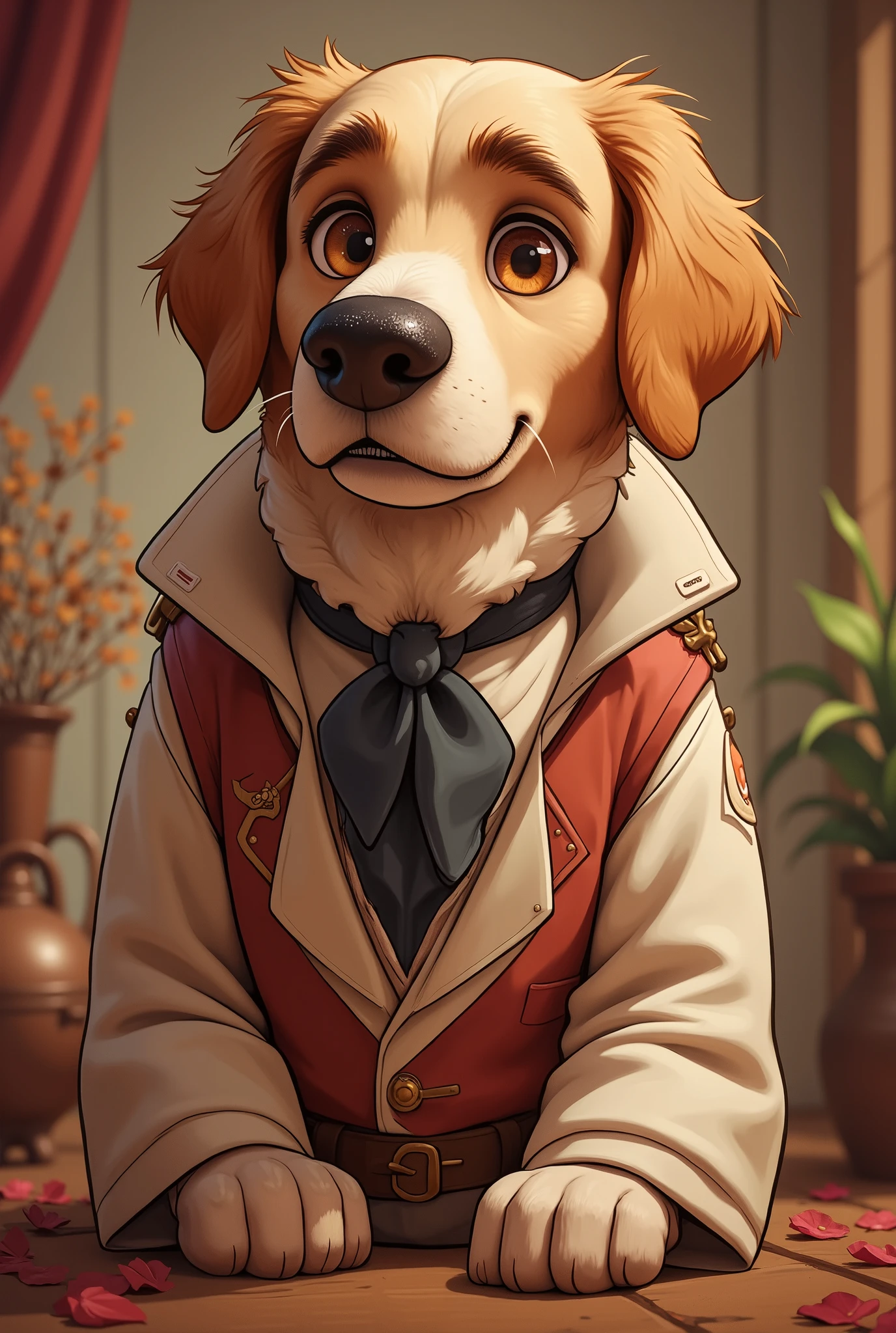 2-D art, cartoon style, old-school Disney, hand drawing, (best quality, masterpiece:1.2), side view, anthropomorphic, a Labrador Retriever dog with light hair wearing classic english costume & rubber medical gloves, doctor, like a 1890s style, noire, simple lines, looking to camera, serteuse look, big expressive eyes, (natural textile texture, soft light, sharp:1.2), (intricate details:1.1), bokeh