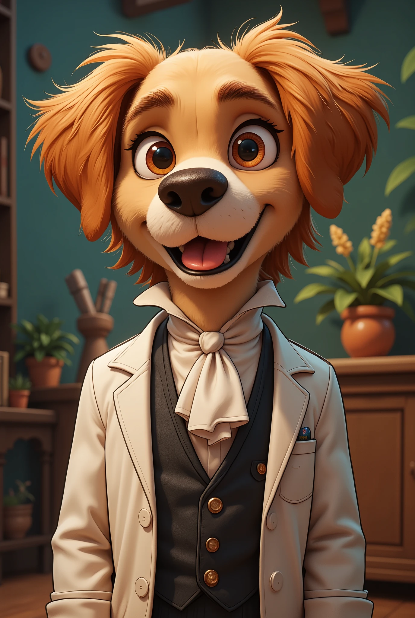 2-D art, cartoon style, old-school Disney, hand drawing, (best quality, masterpiece:1.2), side view, anthropomorphic, a Labrador Retriever dog with light hair wearing classic english costume & rubber medical gloves, doctor, like a 1890s style, noire, simple lines, looking to camera, serteuse look, big expressive eyes, (natural textile texture, soft light, sharp:1.2), (intricate details:1.1), bokeh