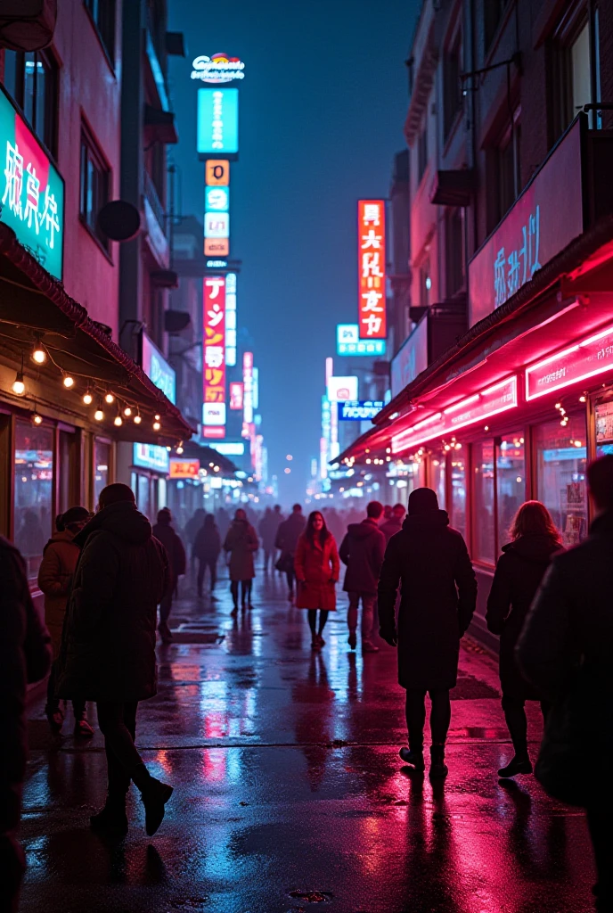 A shopping street, with shops lit by red neon, wet sidewalks and deep shadows. Human figures typical of the suburbs walk calmly, their shadows lengthening and moving according to the lighting, while the subtle interactions between them add life and authenticity to the environment.