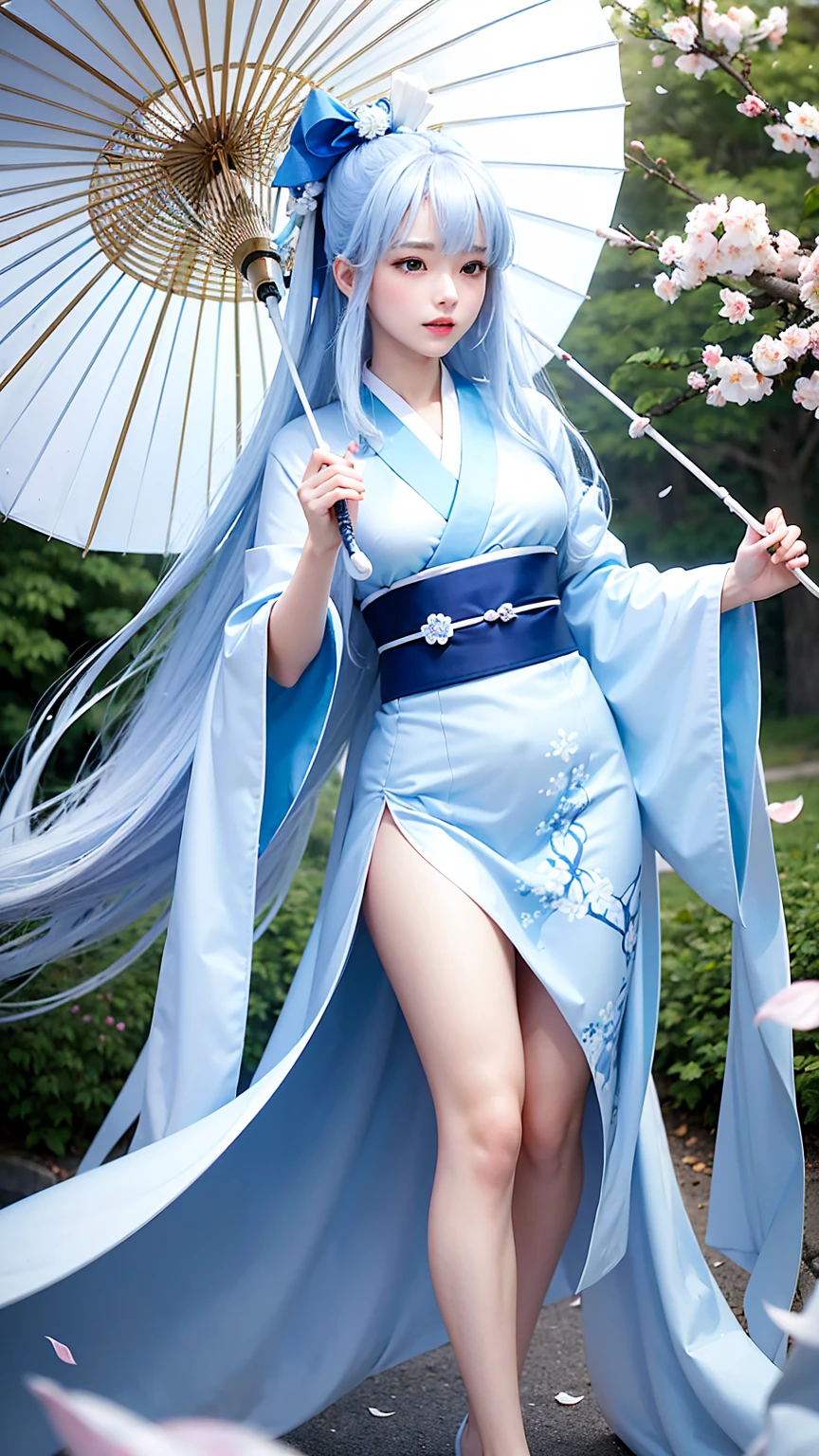 Japanese , Hyperrealistic:1.5, Wear a sexy outfit, Short kimono, Ultra high definition,Ultra-high resolution,, Bare arms, Bare back, Bare shoulders, walk, Super detailed, Long Hair, Light blue hair, View the viewer, blue eyes, Full Body Shot, Super detailed:1.37, highest quality,