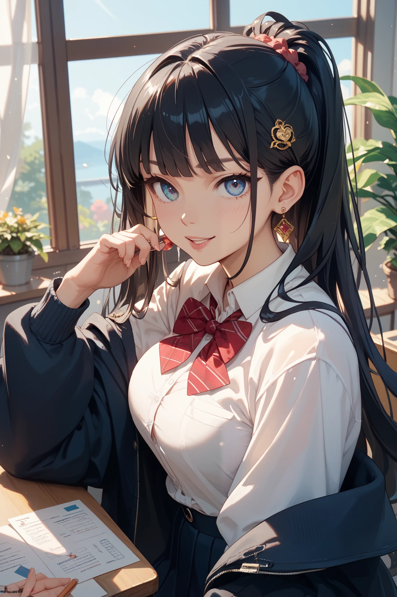 Anime girl with long black hair and blue eyes sitting at a desk - SeaArt AI