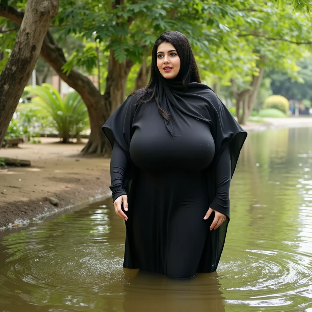 56 years Old, Indonesian Hijab Mature woman, Ultra Droopiest gigantic saggiest longest mature tits : 186.9, Gamis, Busty body, Wet body, rainy atmosphere, heavy rain, at central park, full body, gravure Idol, Cold Situation, Daytime