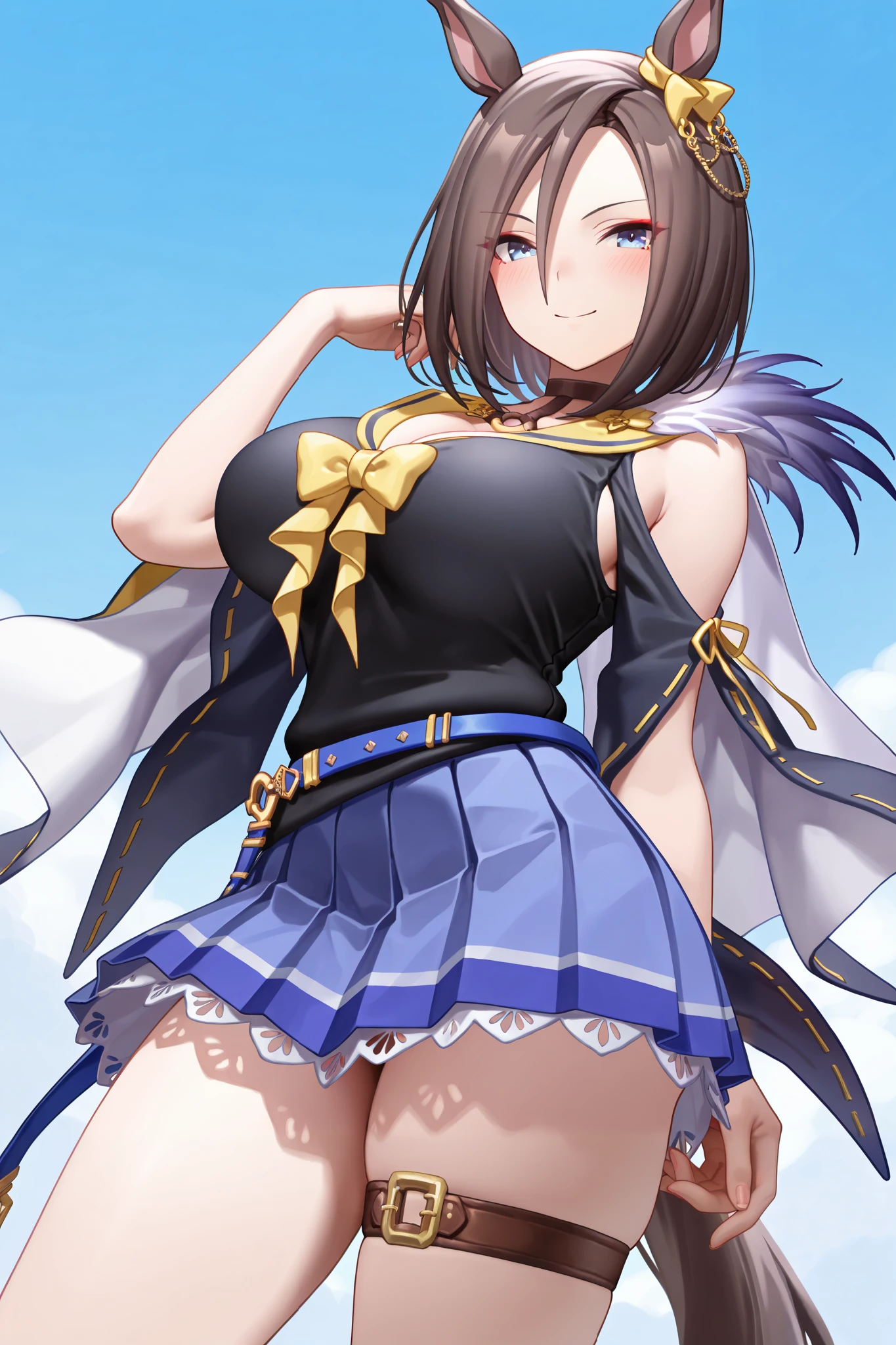 NSFW,masterpiece,Highest quality,high resolution,very detailed,Air Groove (umamusume),black shirt、 yellow sailor collar、Short sleeve、wide sleeve、belt、blue skirt、pleated skirt、thigh strap、choker、exposed shoulders、Chest Valley,smile,Office