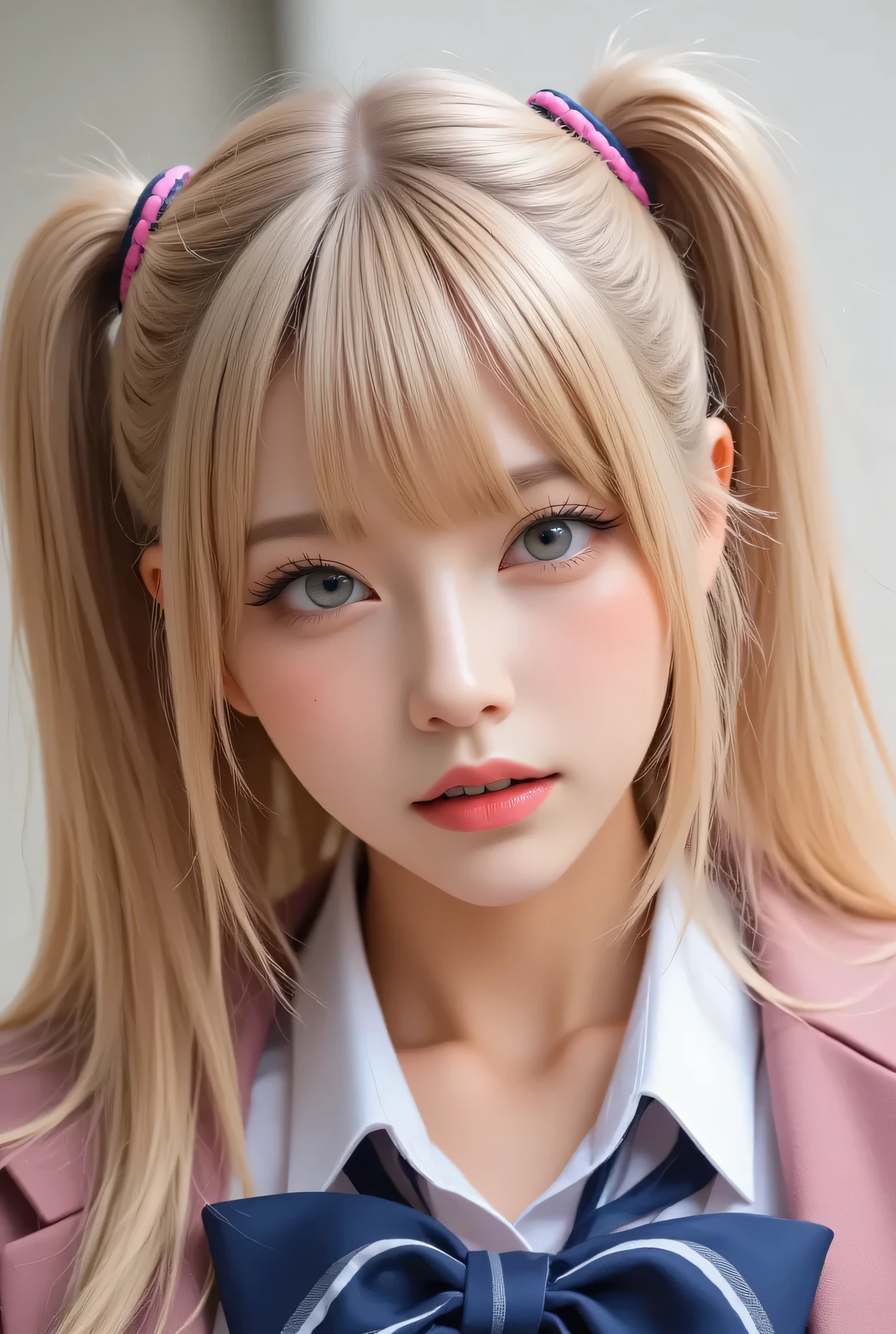 masterpiece, Best Quality, 8k, 8K Ultra HD, super high resolution , ultra high definition, alone, beautiful Japanese woman, Japanese woman, blonde twin-tails hair, blunt bang, woman (nationality:, age:1.1), (detailed clothes:1.2), (accessory:1.1, hair color: blonde, twin tails with pink elastic bands), bright purple lipstick, ( facial features :1.3, exaggerated smile), (Performance:1.2, cheerful), (Body Type:1.1), In the center of the frame, facing viewer, lots of fresh stuff It is submerged in a container filled with, (detailed skin texture:1.2) Octopus (detailed texture:1.2), (color: Brown color matching, Light beige ). The container is blue, Filled with water. The Octopus are in varying positions, several tentacles wrap around her, and Octopus in a high quantity. High key lighting, vibrant colors. close-up view, in photorealistic style, detailed Octopus texture. focuses on the woman's face, soft, almost pastel skin color and vivid lipstick.