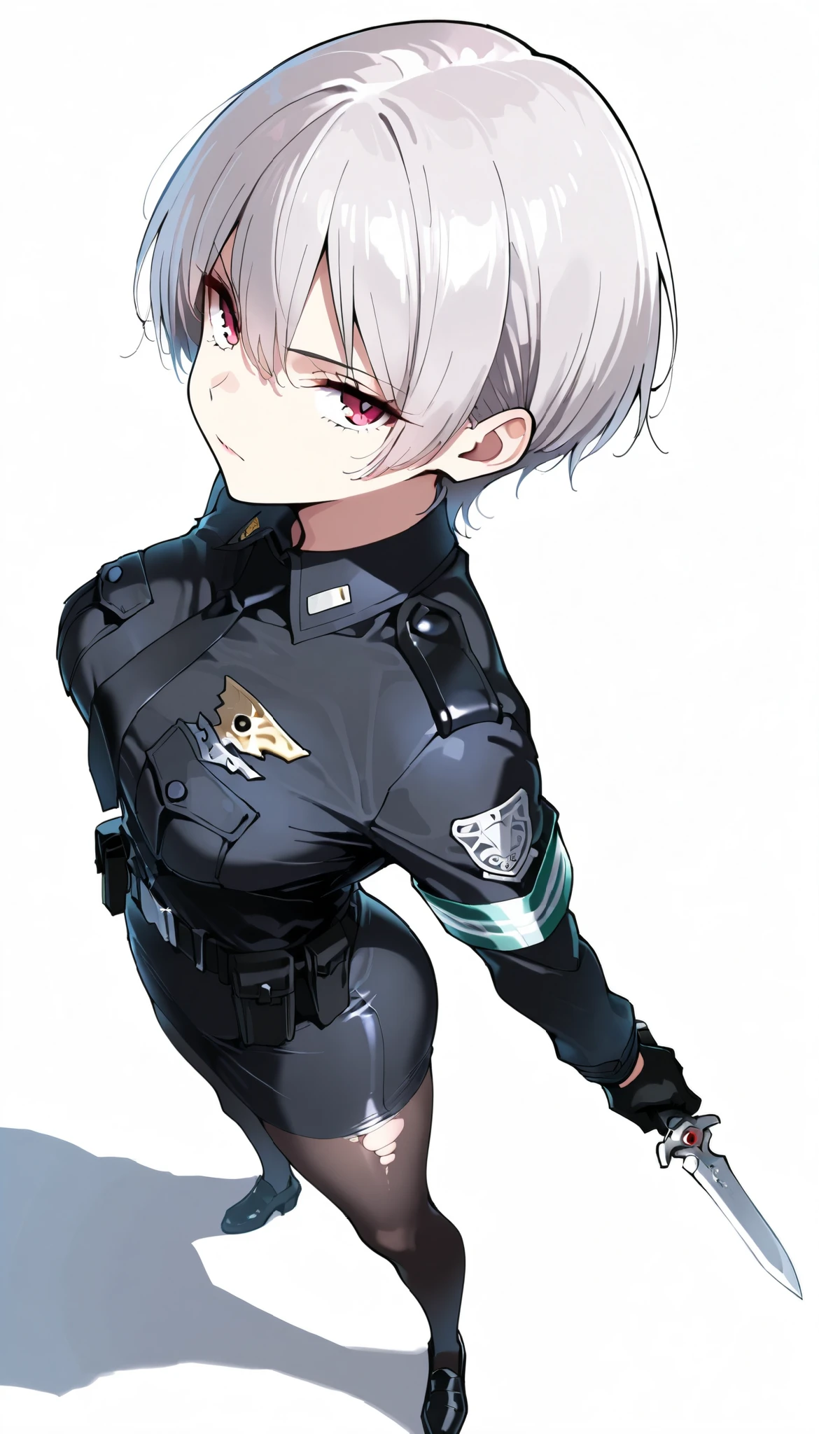 ((masterpiece)), (best quality),  1girl , Alone, simple background,  temptation, delicate face, handheld dagger ,  Battle Pose , full body, silver short hair, long sideburn, Disdainful Eyes, Black Stockings, Damaged black police uniform, medium breasts, style: midjourney, white background, from above,  two-point perspective , Impact footage，motion blur，depth of field