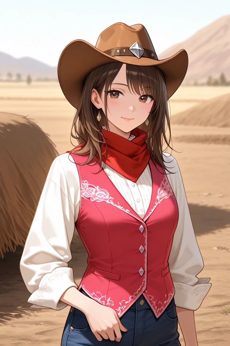 Beautiful cowgirl woman at the doors of a tavern in the wild west, feminine denim shirt, tight jeans, cowboy hat, boots with spurs, brown hair, light smile, posing, social realism, cinematic lighting, secondary image, close-up view person, wide angle, masterpiece, anatomically correct, super detail, high quality, anime screenshot, the background is in the mountains of North America