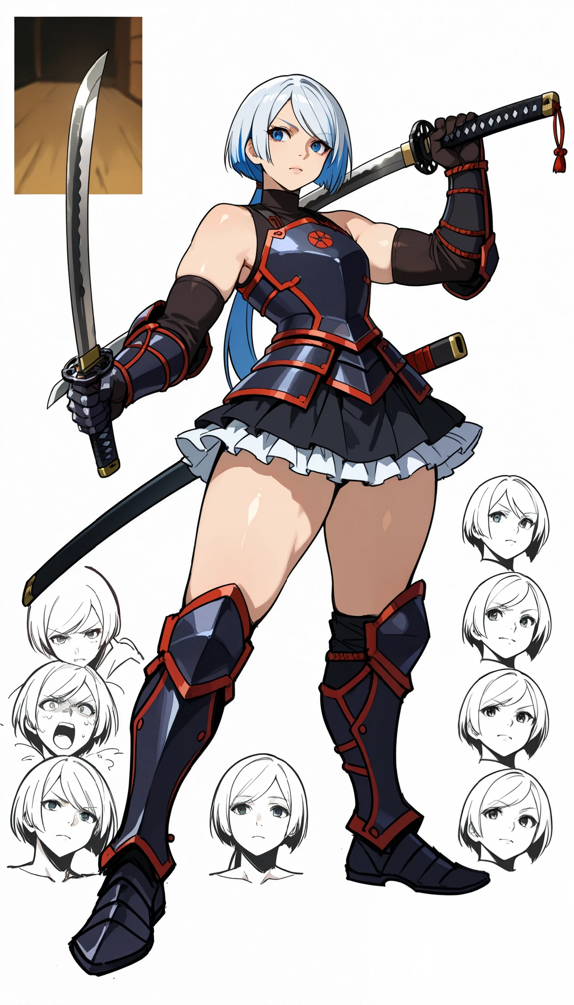 Diodora from mokushiroku no yonkishi,BREAK,score_9, score_8_up, (candydoII feisty femboy with milfy slim body), flat thicc mass man-chest, (anime mature femboy with pale-blue straight long with swept bangs), crisp detailed silken smooth hair, loose low ponytail, sleeveless gauntlets, armored dress, heavily decorated samurai katana, scabbard on hip, frilled short skirt, armored genji heeled-greaves, thick arms, action pose, dual-wielding stance - asauchi short blade left hand and longer katana right hand, knights actionw stance, (arched back), exude queenly erotic regality, sweet sweet mommy's nurturing expression, lips parting a little, confident, Curvy femboys body, BREAK, simple background, full body face close-up shot, eyes on viewer enticingly, dynamic side view, dynamic cowboy shot, (sketch fine doodle style), game assets, different expressions, (Smooth shading), subtle highlights, warm & soft pallette, polished painterly look, moe anime-style final fantasy brave exvius wars of the vision digital artstyle, dynamic view full body shot, dynamic angle views, 128K UHDR Best Quallity, source: original character,