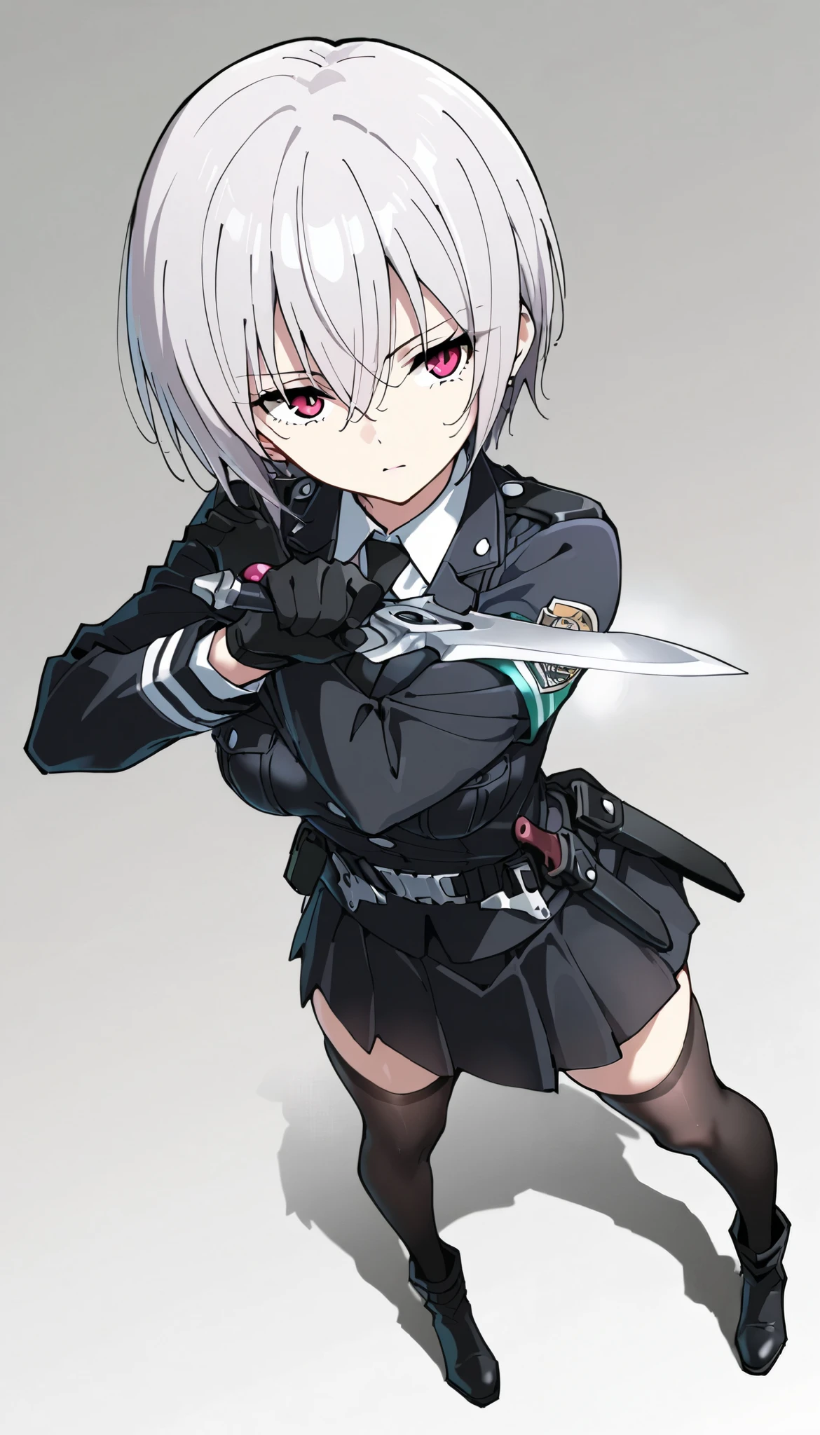 ((masterpiece)), (best quality), 1girl , Alone, simple background, temptation, delicate face, handheld dagger , Battle Pose , full body, silver short hair, long sideburn, Disdainful Eyes, Black Stockings, Damaged black police uniform, medium breasts, style: midjourney, white background, from above, two-point perspective , Impact footage,motion blur,depth of field