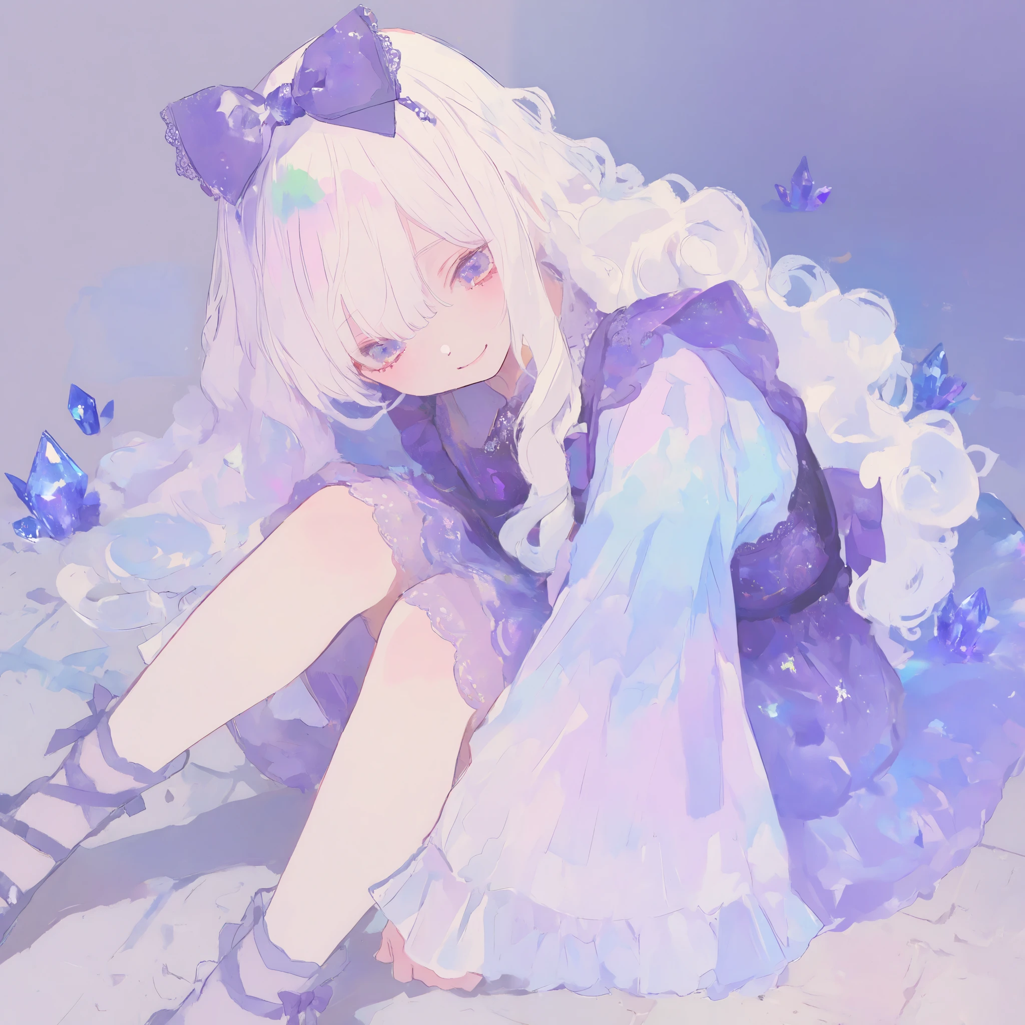 chibi: 1.2, cute: 1.2, cute eyes: 1.2, soft: 1.2. smile, (change: 1.5) ((masterpiece, details: 1.2)) (Highest quality), (masterpiece: 1.2), (colorful: 0.9), (Color Scattering), (watercolor), sharp concentration, high resolution, ( anime style: 1.1), ((Highest quality)), (Super details), (beautiful), alone, white hair, Natural curly hair and blue eyes, wearing a purple lace crystal dress, long, wide sleeves, She has a purple lace crystal dress with a big purple bow on her back, cute, Purple flowers on her head, masterpiece, best image quality, Highest quality, Alice in Wonderland costume, colorful long blond hair, colorfulな目, top-down perspective , sitting, 背景は紫のwatercolor画風