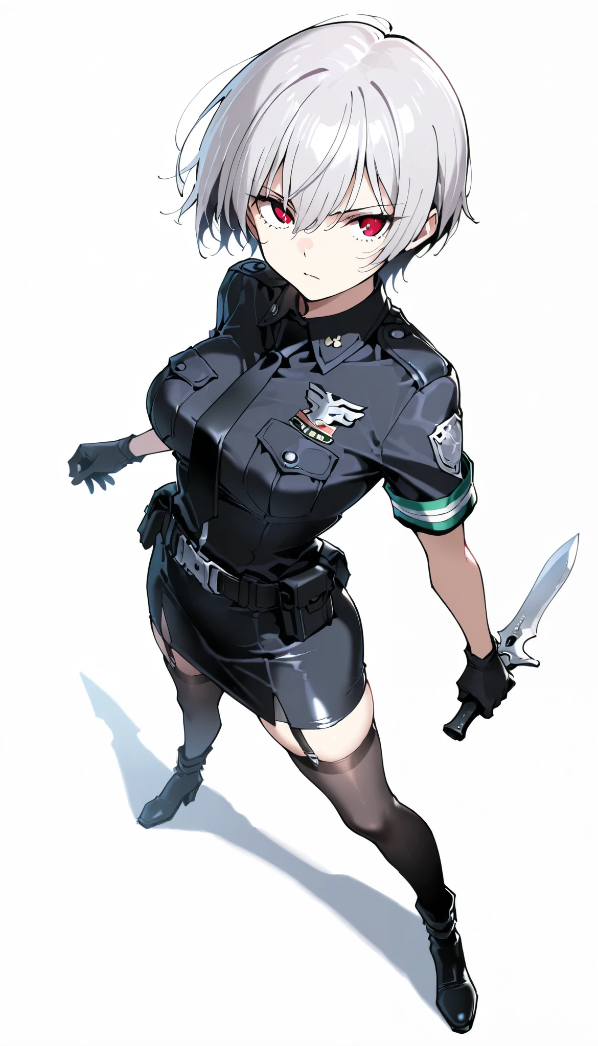 ((masterpiece)), (best quality), 1girl , Alone, simple background, temptation, delicate face, handheld dagger , Battle Pose , full body, silver short hair, long sideburn, Disdainful Eyes, Black Stockings, Damaged black police uniform, medium breasts, style: midjourney, white background, from above, two-point perspective , Impact footage,motion blur,depth of field