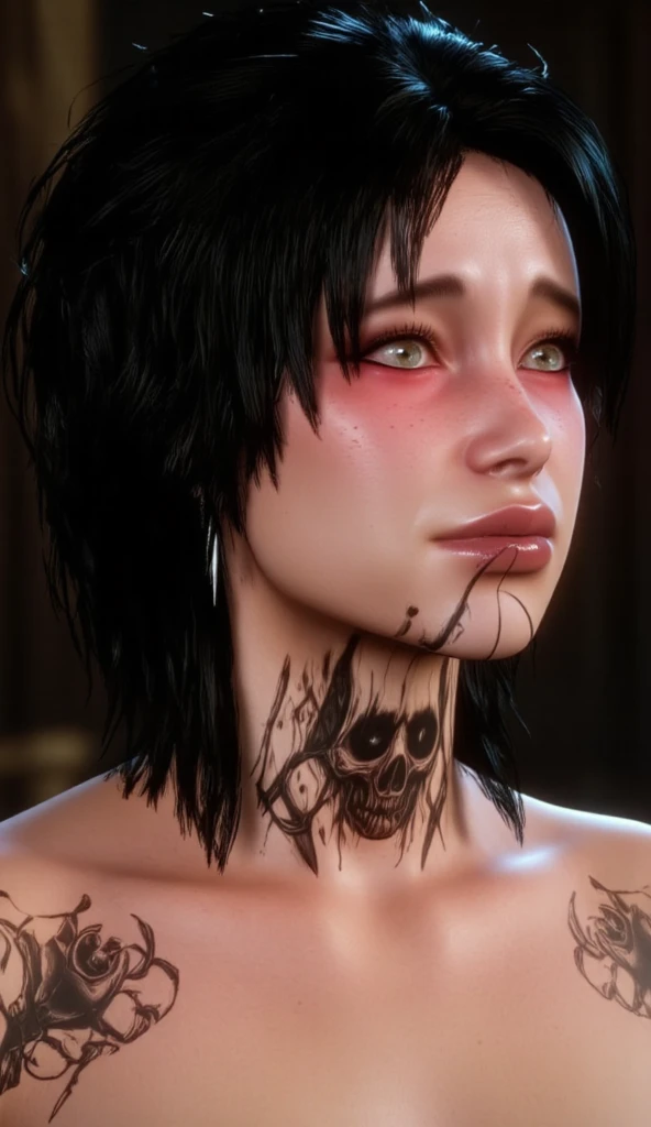 Sad EvelynBG3 , tattoo , black hair , standing , sexy , clear 4k photography - SeaArt AI