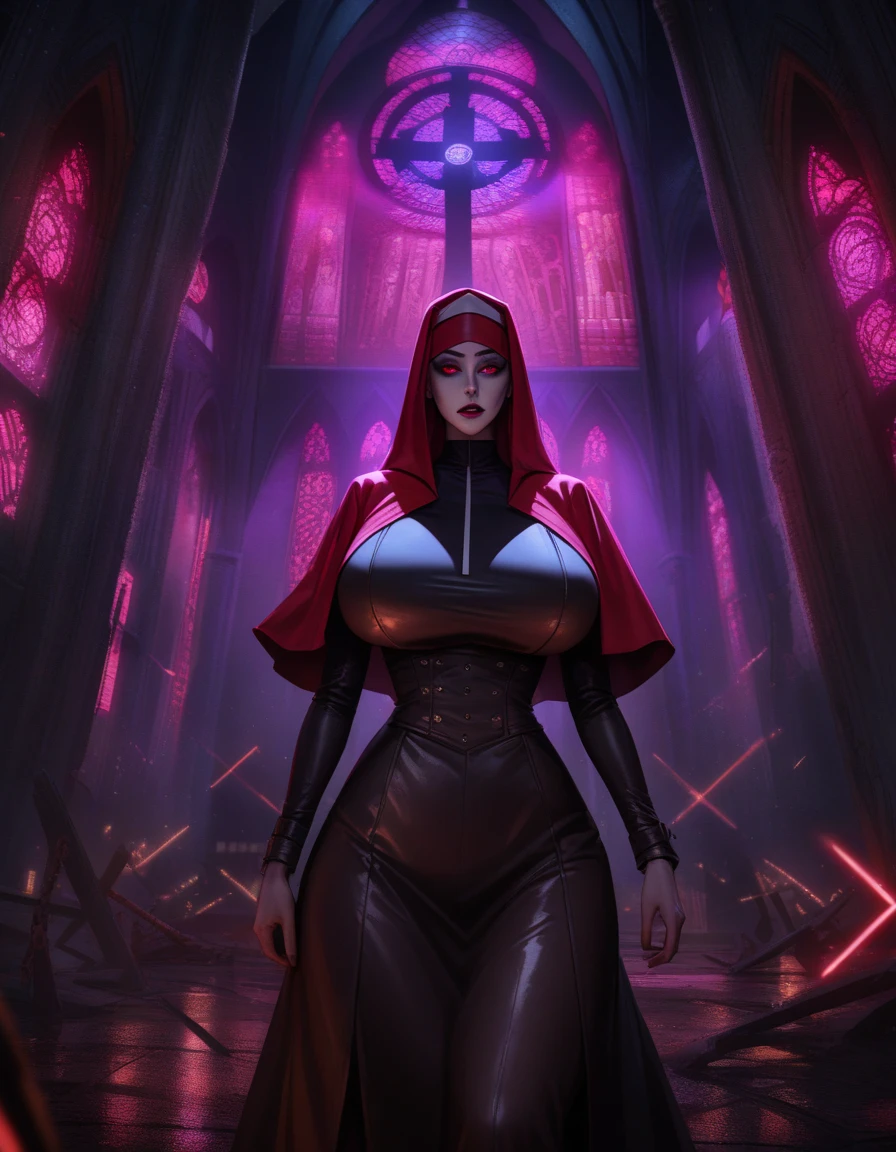 woman dj nun, dark, horror, red tones, gothic church in the background, ultra realistic, horror movie lighting, scary, chaos, neon lights in the background, realistic, dark, huge breast, Fujifilm Fujichrome Provia 100F movie, flashlight, ultra realistic, 8K UHD. --auto --s2