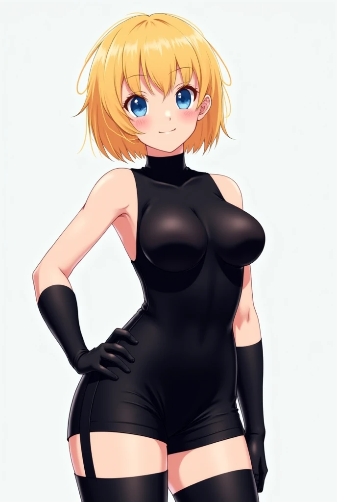 Blonde hair, short mash hair, turquoise eyes,A girl with impressive blonde hair、hair ornaments、short bob、hot pants、smile、dynamic pose, Pink bondage suit, mocking smile