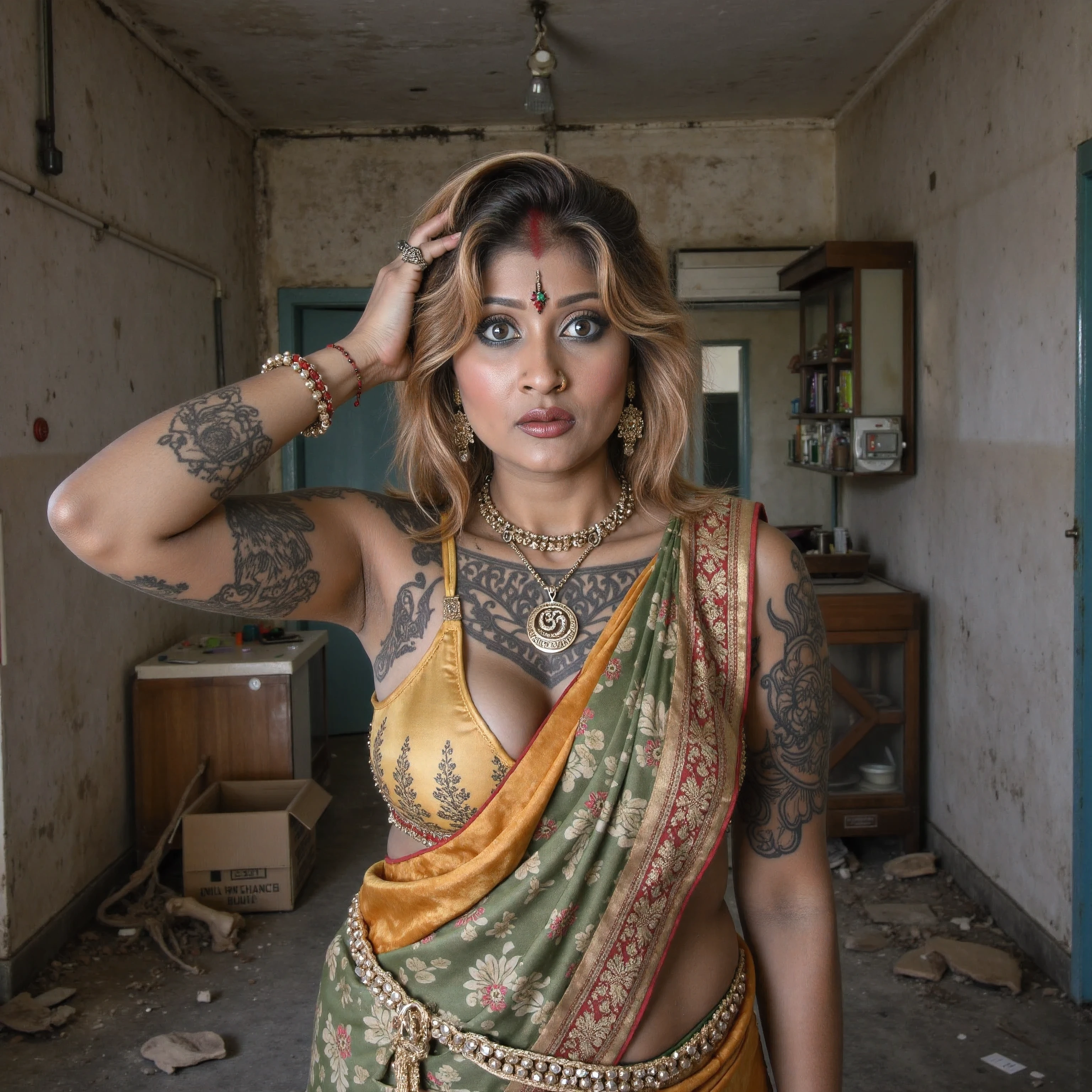 wet skin and hair, hindu tattoo all over her body, massive breasts, blond hair, long straight hair,. (front button blouse and saree, bare lower body, torn, middle chest torn dress, no panties, breasts exposed), 35Year old Indian Mature lady, slim body, open (perfect body), hands behind her head, armpits exposed, Hair messed up, sweaty skin, nipple leak spot , 'OM' necklace, fashion photorealism, old school style tattoos all over her body, makeup like komolika, high definition sysie details, photography, sharpness, unique 850 4, koda850 k portrait camera, f6.0 lens, rich color, hyper realistic texture, spectacular light texture, surreal art, Cinestil 800 fashion mechanism, background is an indoor bedroom dirty filthy Indian temple at 100 degree F heat, background is "abandoned house, Prohibited, muslim apartment surrealistic and very detailed illustrations, Images with heavily loaded objects, crumbled wall, Dirty worn out empty bed with dirty bedsheets, stained clothes on the floor, garbage,lots of used bras hanging on the wall, cables, posts, rusty pipes, Wall tubes, Electricity meters, Grey and dark walls, Empty boxes, graffitti on the wall, Paint on damaged walls, Metal and rusty scrap, mechenical parts (Rusty, brown), Highly detailed neon wall advertising, Spotlights, Artificial and sterile environment, humidity, Puddles reflecting the faint ambient light , wooden , Prohibited, night, Golden Time, toys, beautiful, Shoe box, A pile of empty green bottles, footwear, mourning umbrella"