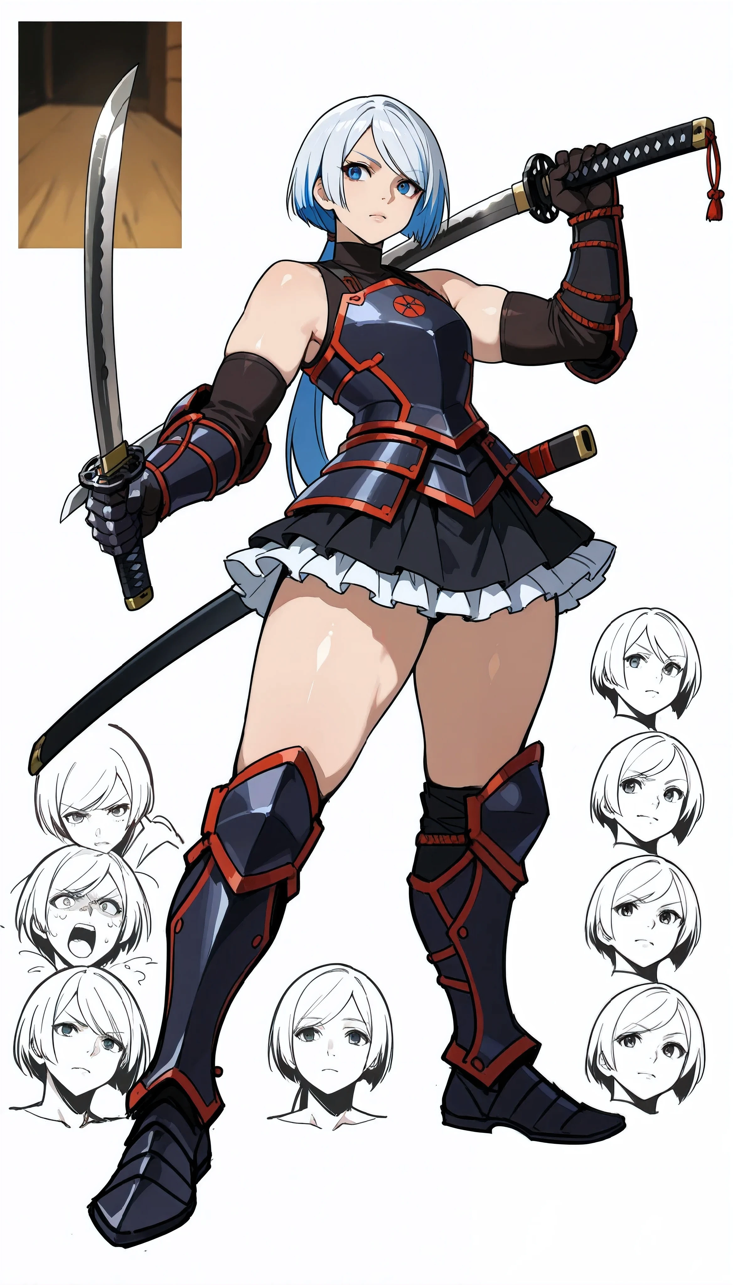 Diodora from mokushiroku no yonkishi,BREAK,score_9, score_8_up, (candydoII feisty femboy with milfy slim body), flat thicc mass man-chest, (anime mature femboy with pale-blue straight long with swept bangs), crisp detailed silken smooth hair, loose low ponytail, sleeveless gauntlets, armored dress, heavily decorated samurai katana, scabbard on hip, frilled short skirt, armored genji heeled-greaves, thick arms, action pose, dual-wielding stance - asauchi short blade left hand and longer katana right hand, knights actionw stance, (arched back), exude queenly erotic regality, sweet sweet mommy's nurturing expression, lips parting a little, confident, Curvy femboys body, BREAK, simple background, full body face close-up shot, eyes on viewer enticingly, dynamic side view, dynamic cowboy shot, (sketch fine doodle style), game assets, different expressions, (Smooth shading), subtle highlights, warm & soft pallette, polished painterly look, moe anime-style final fantasy brave exvius wars of the vision digital artstyle, dynamic view full body shot, dynamic angle views, 128K UHDR Best Quallity, source: original character,