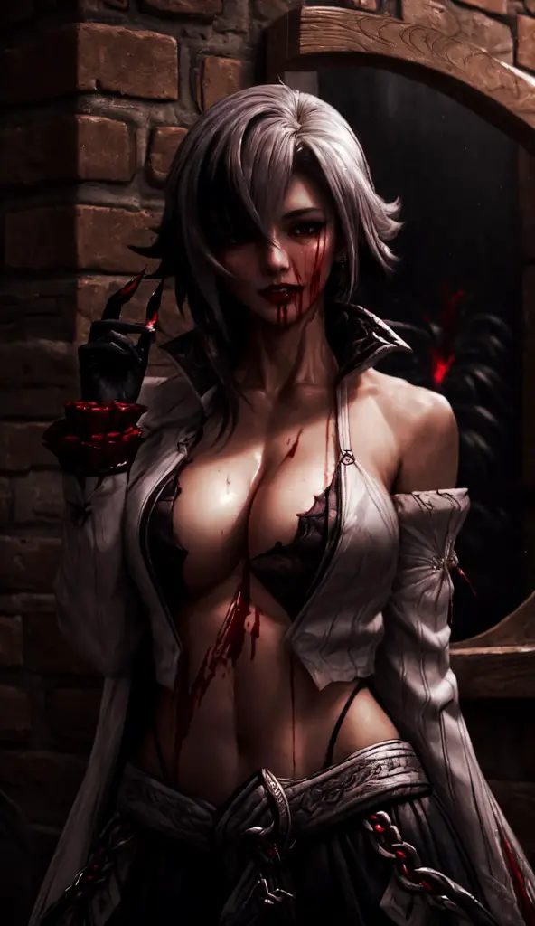 (Sakimichan style:1.4), masterpiece, Best Quality, high quality,(Criatura oscura sin forma con brillo rojo oscuro y ojos rojos y rodeada de darkness:1.2), (In profile), (darkness:1.2), abstraction, deep sea, award-winning photography, depth of field, HdR, Very detailed, Trends in art stations, trends on CGSociety, complex, High detail,(masterpiece:1.2, Best Quality), (better lighting, very delicate and beautiful), (better lighting, very delicate and beautiful), (beautiful detailed face), (detailed eyes and detailed face:1.2), dark fantasy, (woman, Beast, 1 girl, busty, big breasts, perfect curvy hips, Alone, sheer lowleg panties, pubic hair, Pale skin,19 Piercings,((tattoos all over the body,tribal tattoos on all legs)) gray hair, perfect eyes, (Dynamic Angle, vampire), (Get strings, magic circles, Graffiti on the wall, In the background)),Cause the demons to be summoned), Magic Thunder, pointed_ears, (pubic hair:1.3) Fangs,demon wings,demon horns,blood on the face,blood rain,blood mist,(depth of field),high contrast,(blood splash:1.4),cowboy shot,Whole body, cameltoe, legs spread wide open, Thigh High Boots,shout out, sacrifice, Magnificent Stage