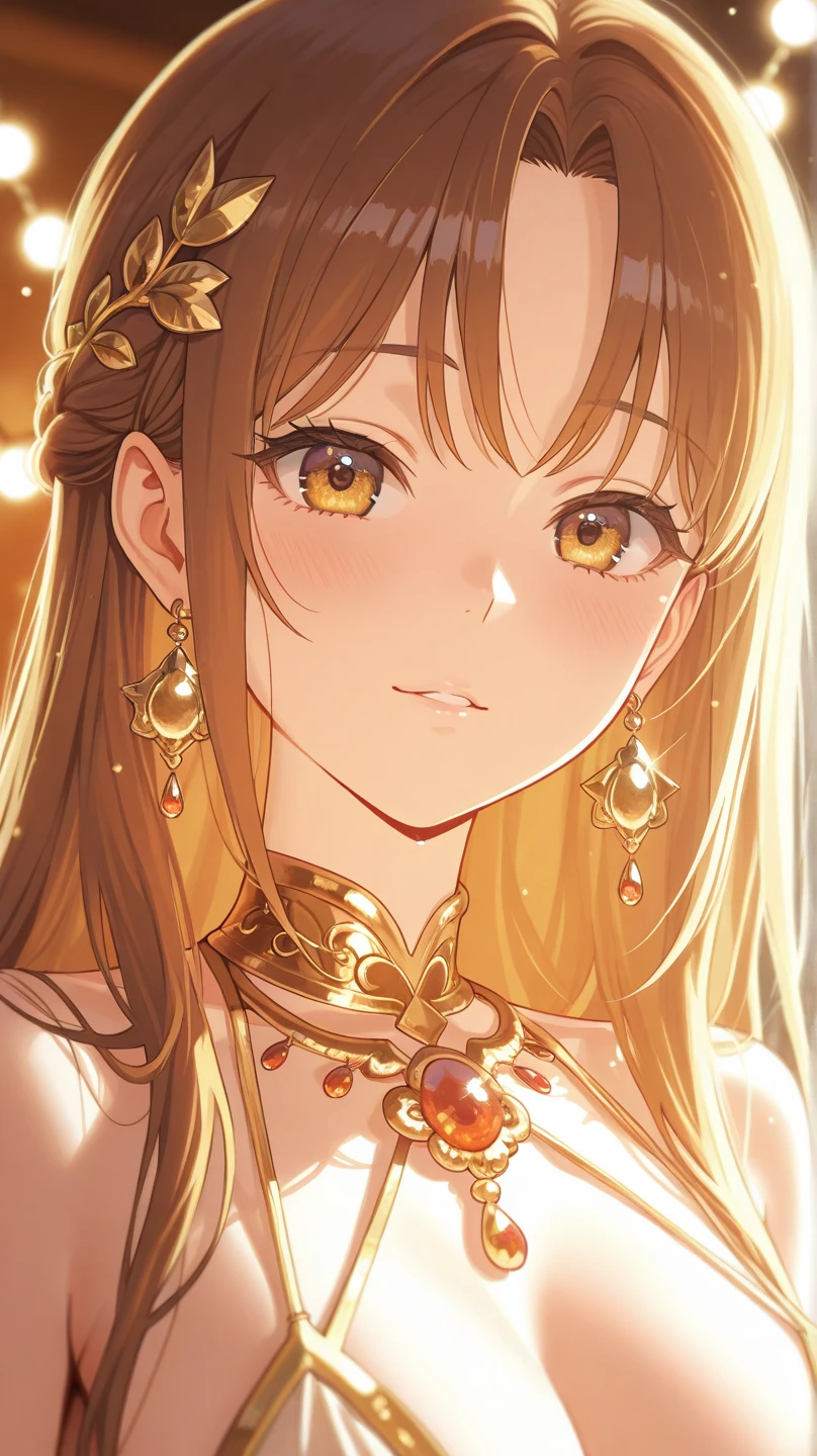 Princess , in castle, high quality, super quality, (detailed face:1.4) ,beautiful young woman , golden eyes, long golden hair , tight gorgeous dress, tiara, necklace , earring , sharpe eyebrow , beautiful bangs are covering her eyes , huge breast ,upper body , model pose , smile