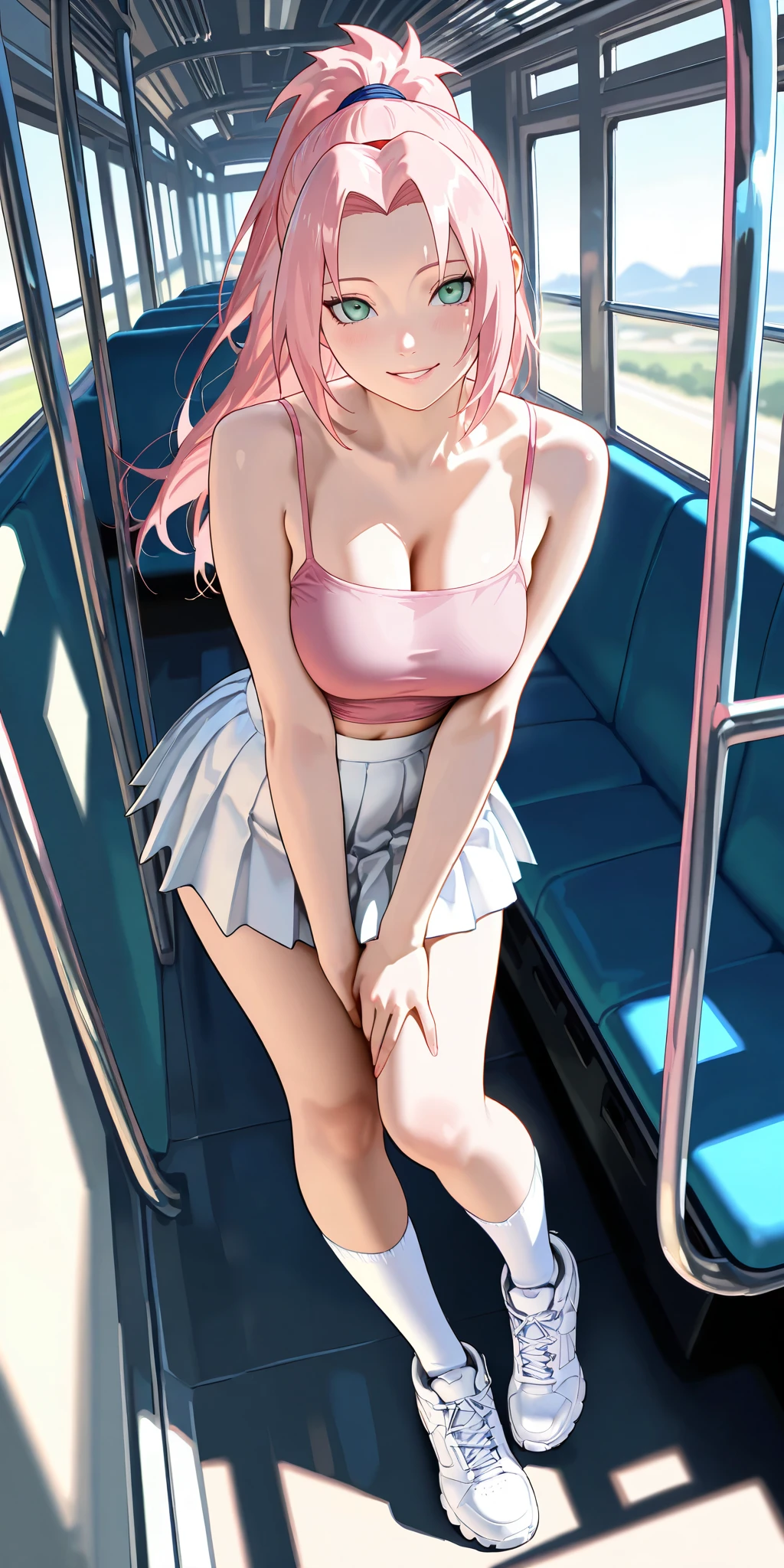 (masterpiece, highest quality, ultra high res, ultra detailed:1.3), 1 cute girl, ideal ratio body proportions, pink medium hair, sitting on long chair, in train, outstretched legs, (white panties visible:1.4),  uniform, blue pleated mini skirt, on the train, clothes covered nipples, front view, 