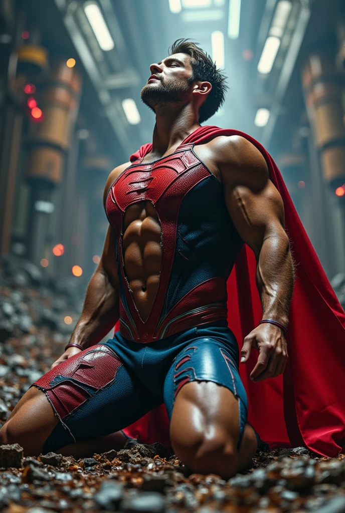 muscular man with red hair, wearing a black hood with red undershirt, gang pants, big red angel wings on his back with a sexy look on his face