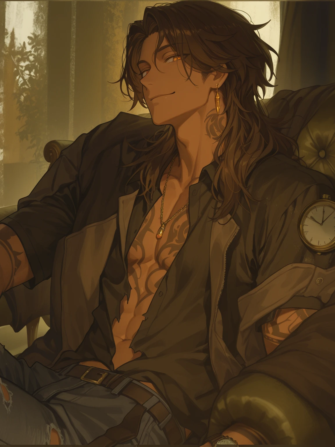 (masterpiece, best quality:1.2), solo, male focus, 1boy, sakaki takaya, tattoo, facial hair, smile, closed mouth, looking at viewer, sitting, chair, topless male, jeans <lora:persona3_sakaki-17:0.9>