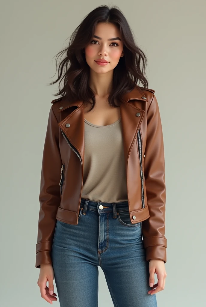 beautiful latin woman, standing straight facing forward, with brown leather jacket, denim jeans pants, white beanie hat, on a greyish background, cotton t-shirt texture, fitted t-shirt, round neck, striped tights. Medium camera shot.