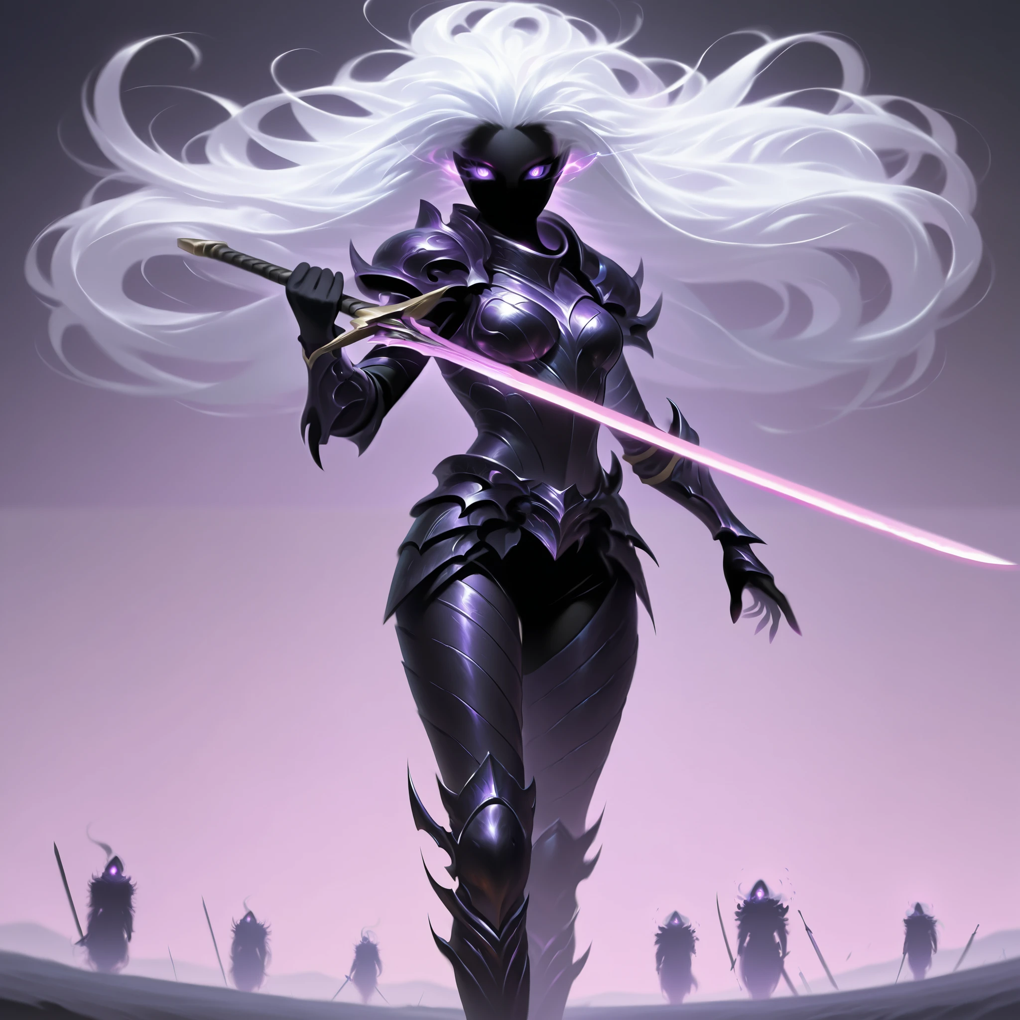 1girl, solo, shadow person, very long white hair, levitating hair, glowing eyes, purple eyes, black silhouette, shadow warrior, totally black skin, ethereal, kight armor, holding a sword, dynamic pose, looking at viewer, simple background, from the front view