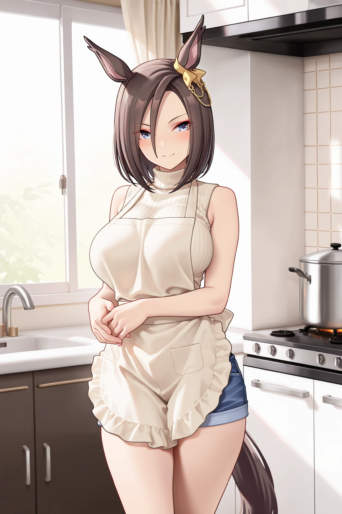 NSFW,masterpiece,Highest quality,high resolution,very detailed,Air Groove (umamusume),turtleneck sweater, sleeveless,denim shorts,apron,Kitchen, Smile