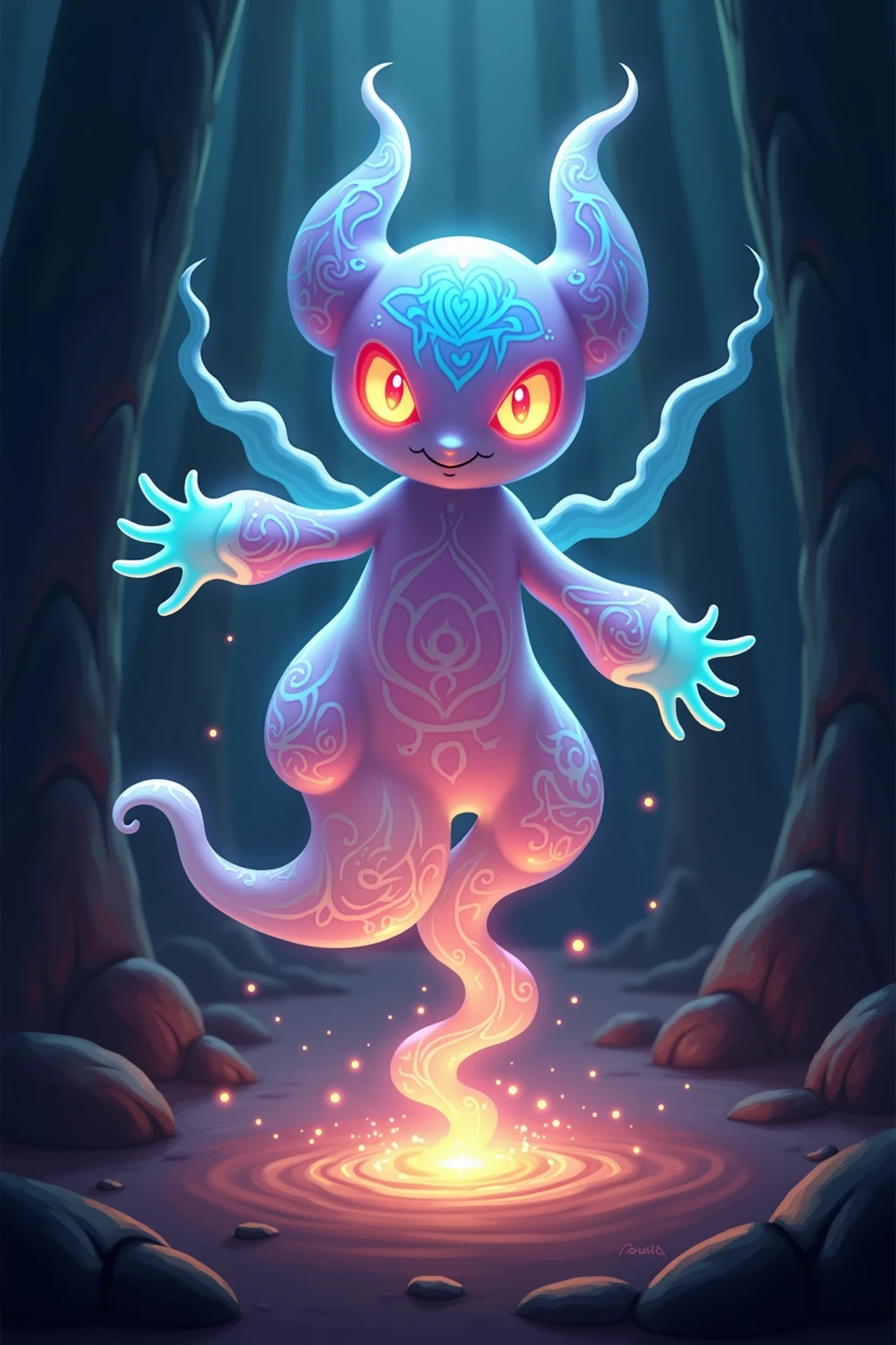 Create the pokemon mewtwo but of ghost type abstract background violet and black color