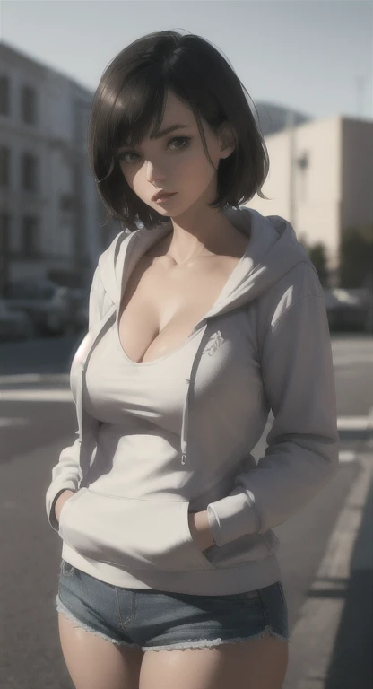 women, hoodie, portrait, asymmetrical bangs, bandaid, short hair, bangs, breasts, freckles, grey eyes, large breasts, looking at viewer, brown hair, upper body, detailed background, town, alley,, photorealistic, photo, masterpiece, realistic, realism, photorealism, high contrast, photorealistic digital art trending on Artstation 8k HD high definition detailed realistic, detailed, skin texture, hyper detailed, realistic skin texture, armature, best quality, ultra high res, (photorealistic:1.4),, high resolution, detailed, raw photo, sharp re, by lee jeffries nikon d850 film stock photograph 4 kodak portra 400 camera f1.6 lens rich colors hyper realistic lifelike texture dramatic lighting unrealengine trending on artstation cinestill 800,
