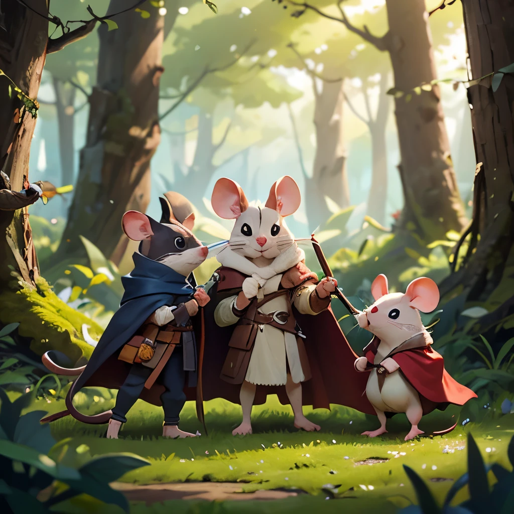 Perched on a thick, moss-covered branch, three brave mice embark on a whimsical adventure, each adorned in miniature attire that showcases their unique personalities. The first mouse, wielding a sword and clad in a vibrant red cloak, appears to lead the way with determination, while the second mouse, dressed in a flowing blue cape, gestures with an expression of excitement, as if sharing a bold idea. The third mouse, wearing a makeshift shield fashioned from a carrot, stands confidently at the front, ready to face the challenges ahead. Set against a backdrop of softly muted colors and delicate, intertwining branches, the scene evokes a sense of camaraderie and courage, illustrating a playful yet daring narrative in a fantastical woodland world.