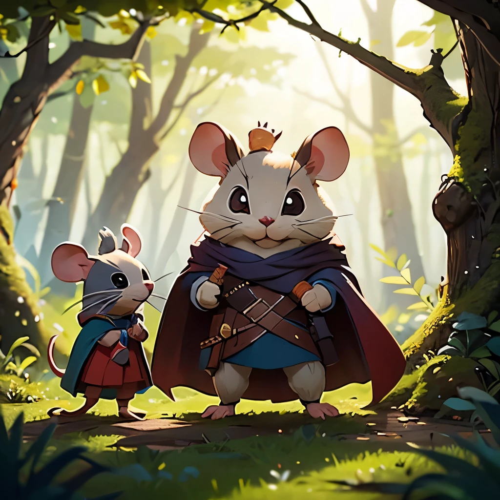 Perched on a thick, moss-covered branch, three brave mice embark on a whimsical adventure, each adorned in miniature attire that showcases their unique personalities. The first mouse, wielding a sword and clad in a vibrant red cloak, appears to lead the way with determination, while the second mouse, dressed in a flowing blue cape, gestures with an expression of excitement, as if sharing a bold idea. The third mouse, wearing a makeshift shield fashioned from a carrot, stands confidently at the front, ready to face the challenges ahead. Set against a backdrop of softly muted colors and delicate, intertwining branches, the scene evokes a sense of camaraderie and courage, illustrating a playful yet daring narrative in a fantastical woodland world.