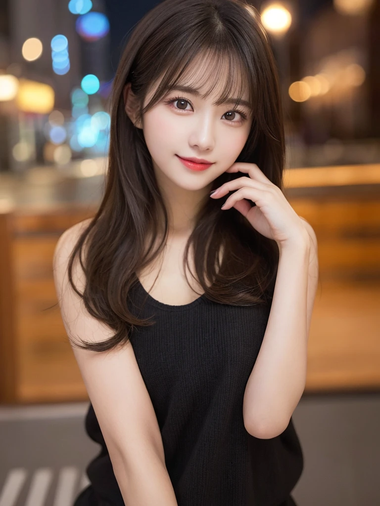 Tabletop, Highest quality, shape, Very detailed, finely, High resolution, 8k wallpaper, 完璧なダイナミックな構shape, Beautiful and detailed,ランダムなcute髪,,Natural color lip, Bold sexy pose,smile、20-year-old girl、cute、Looking into the camera,Always blur the background,Perfect and beautiful face,Slim face and figure,Big eyes、Putting on gal makeup,Small face,Shooting from below、smile,Blurred Background,Elegant feminine face、Cyberpunk Fashion、smile