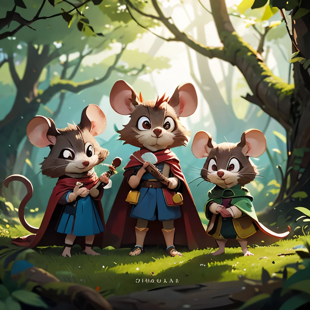 Perched on a thick, moss-covered branch, three brave mice embark on a whimsical adventure, each adorned in miniature attire that showcases their unique personalities. The first mouse, wielding a sword and clad in a vibrant red cloak, appears to lead the way with determination, while the second mouse, dressed in a flowing blue cape, gestures with an expression of excitement, as if sharing a bold idea. The third mouse, wearing a makeshift shield fashioned from a carrot, stands confidently at the front, ready to face the challenges ahead. Set against a backdrop of softly muted colors and delicate, intertwining branches, the scene evokes a sense of camaraderie and courage, illustrating a playful yet daring narrative in a fantastical woodland world.